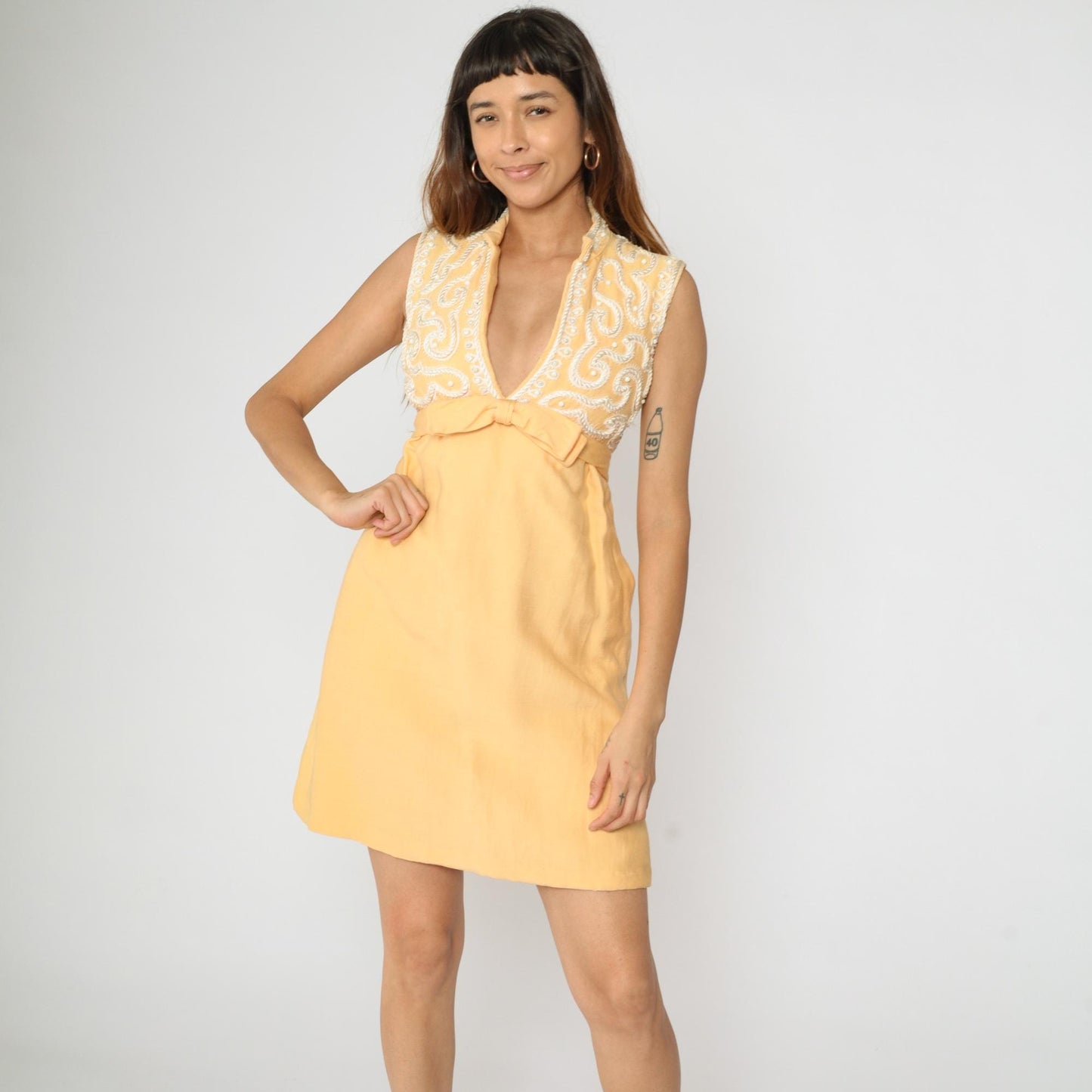 60s Maison Mendessolle Peach Mini Dress Beaded Bow Empire Waist XS