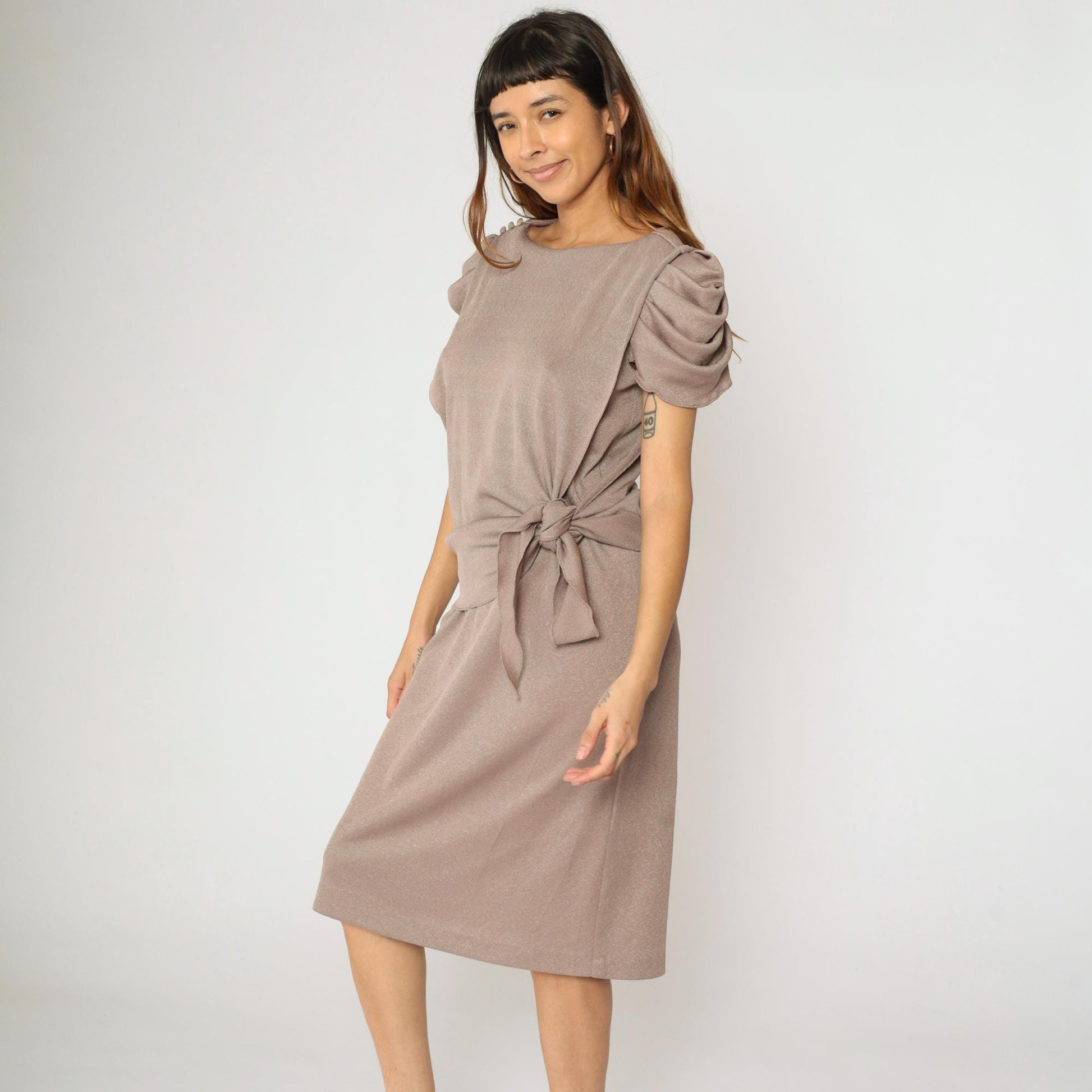80s Taupe Puff Sleeve Midi Dress Metallic Knit Side Tie Waist Medium