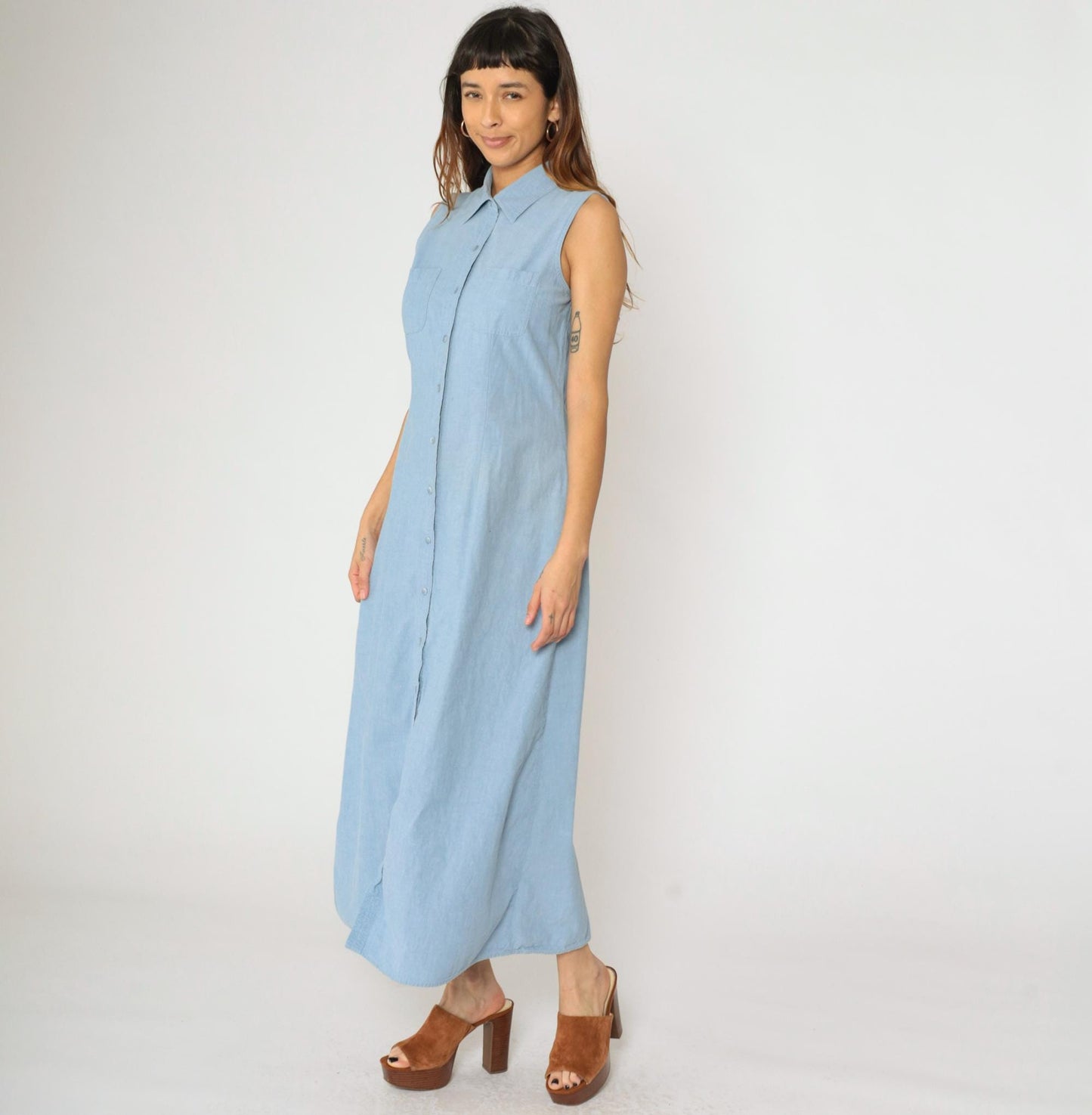 90s Blue Chambray Button-Up Midi Dress Sleeveless Collared A-Line Small S
