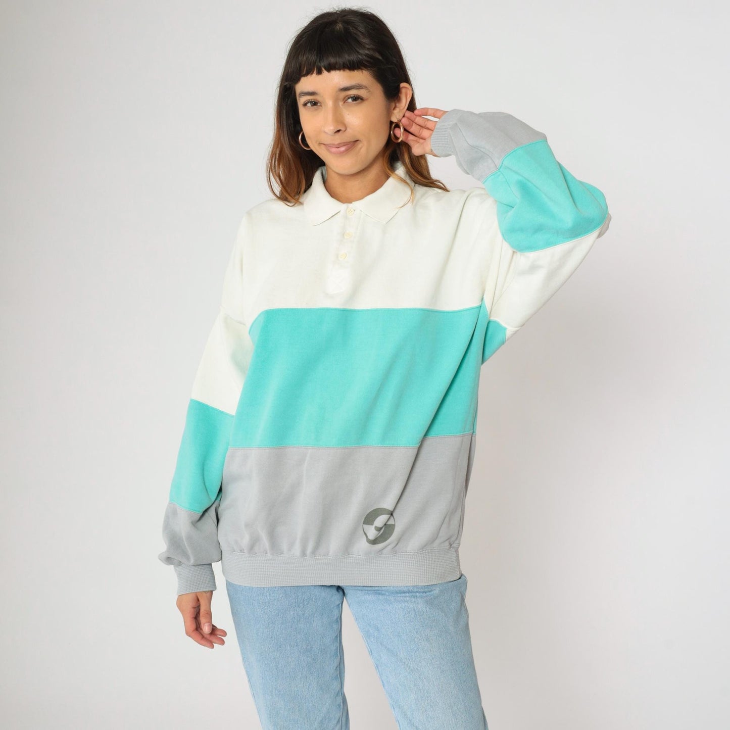 90s John Ashford Sport Colorblock Polo Sweatshirt Off-White Aqua Grey Large L