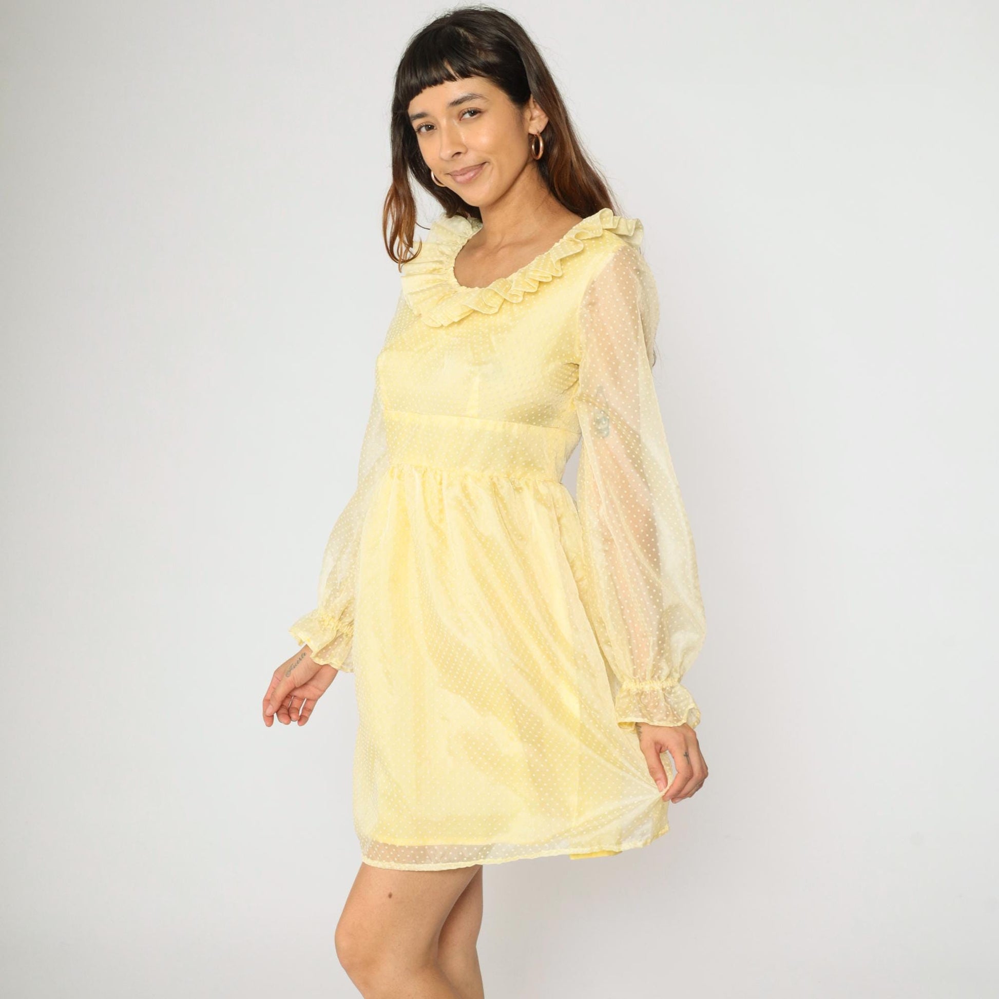 70s Yellow Swiss Dot Organza Mini Dress Empire Waist Ruffle Neckline Small