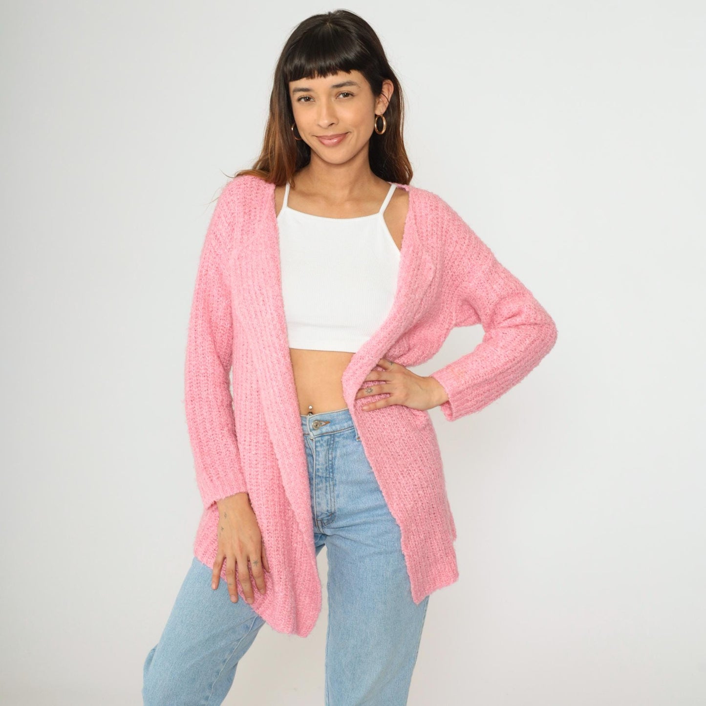80s Pink Ribbed Knit Cardigan Open Front Wrap Sweater Medium Large