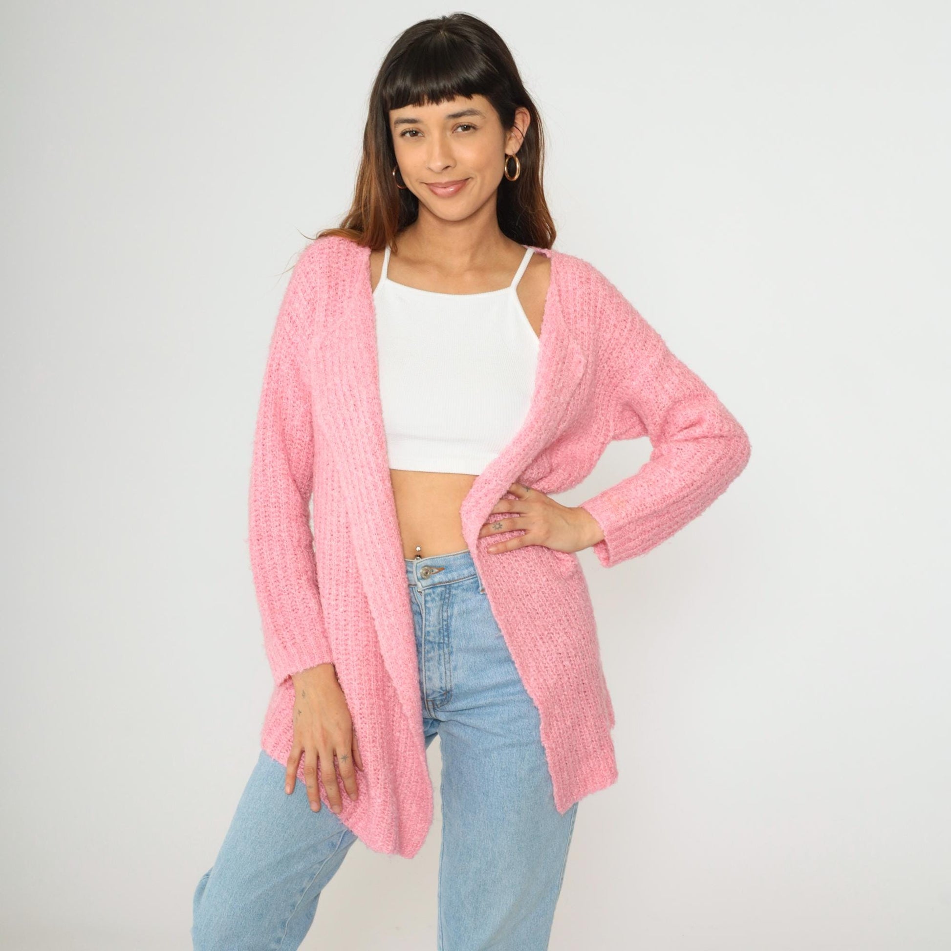 80s Pink Ribbed Knit Cardigan Open Front Wrap Sweater Medium Large