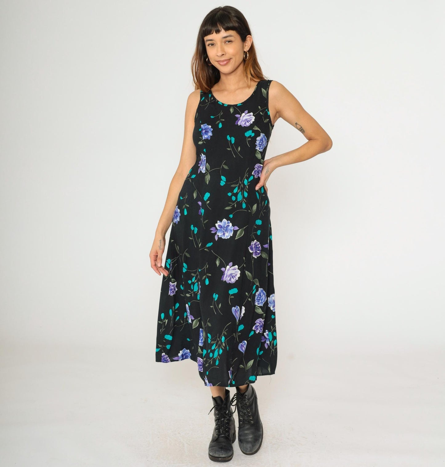 90s Black Floral Midi Dress A-Line Sleeveless Princess Seam Small