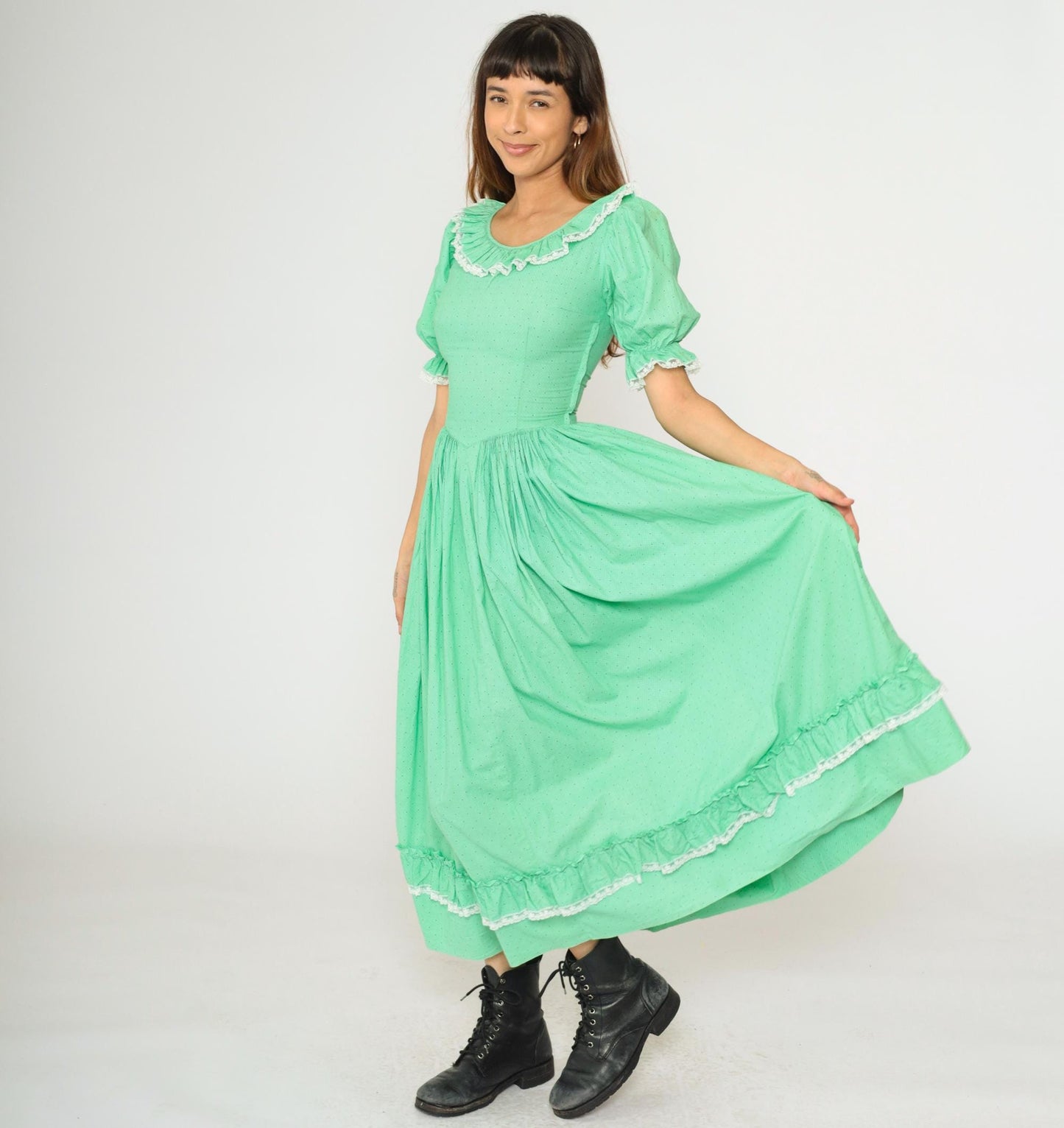 1960s Mint Green Polka Dot Puff Sleeve Maxi Dress High Waist Extra Small