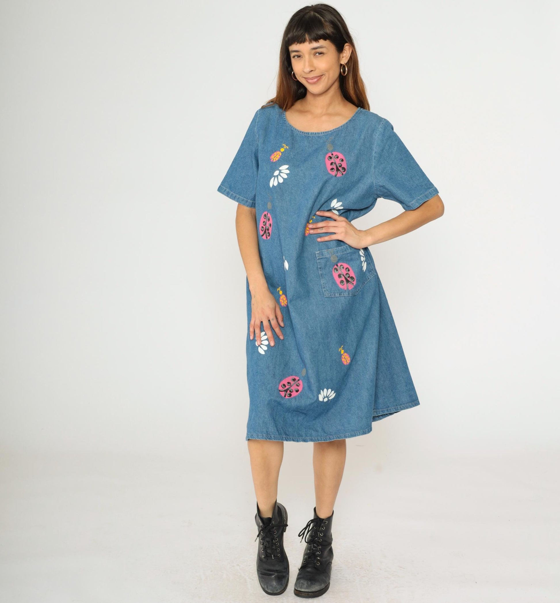 90s Denim Midi Dress Ladybug Floral Print Shift Blue Short Sleeve Large L