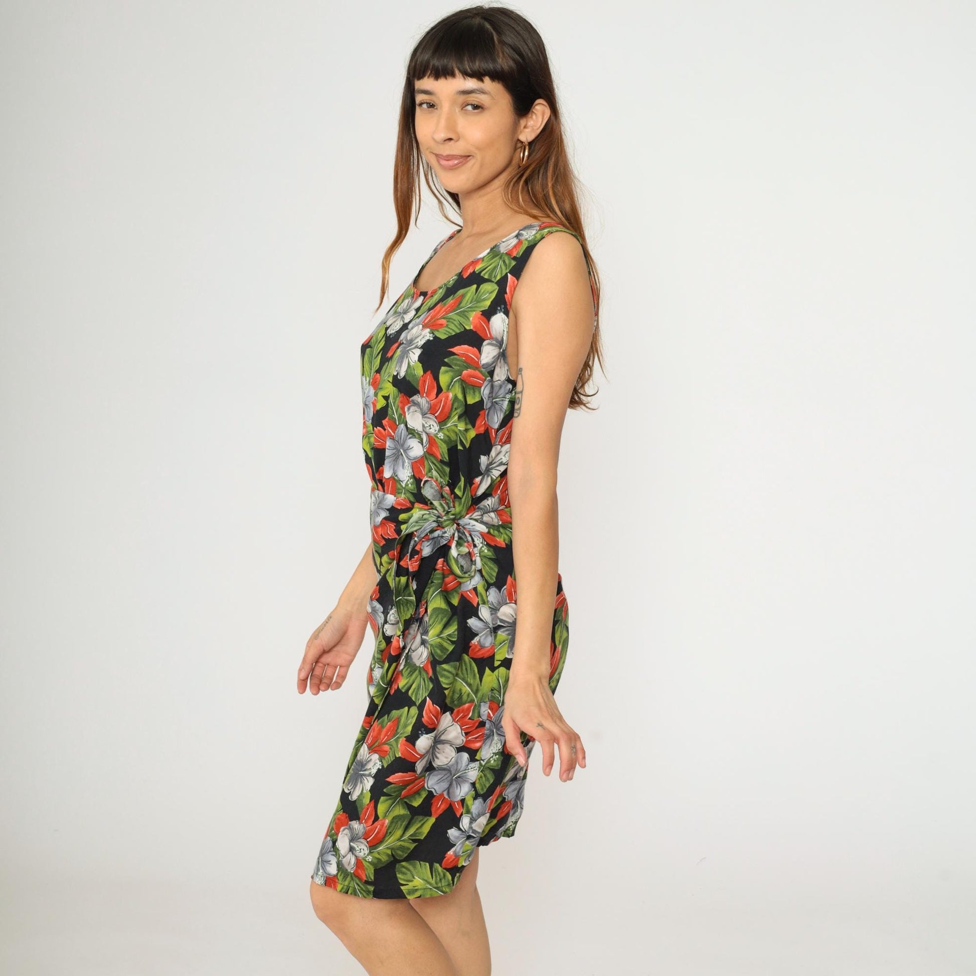 90s Hilo Hattie Hawaiian Floral Mini Dress Black Sleeveless Wrap Skirt Medium