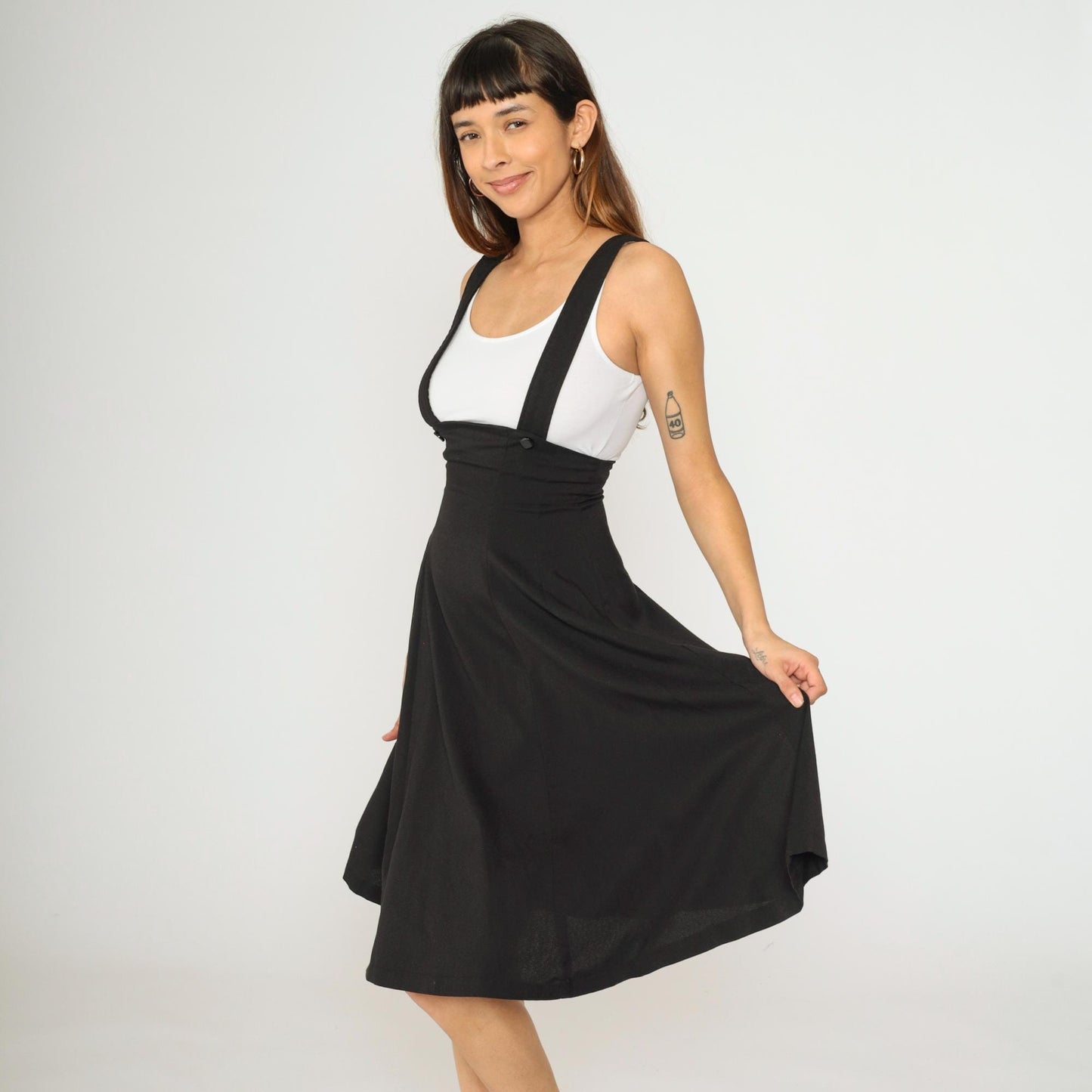 Y2K Black A-Line Midi Skirt with Suspender Straps High Waist 00s Extra Small