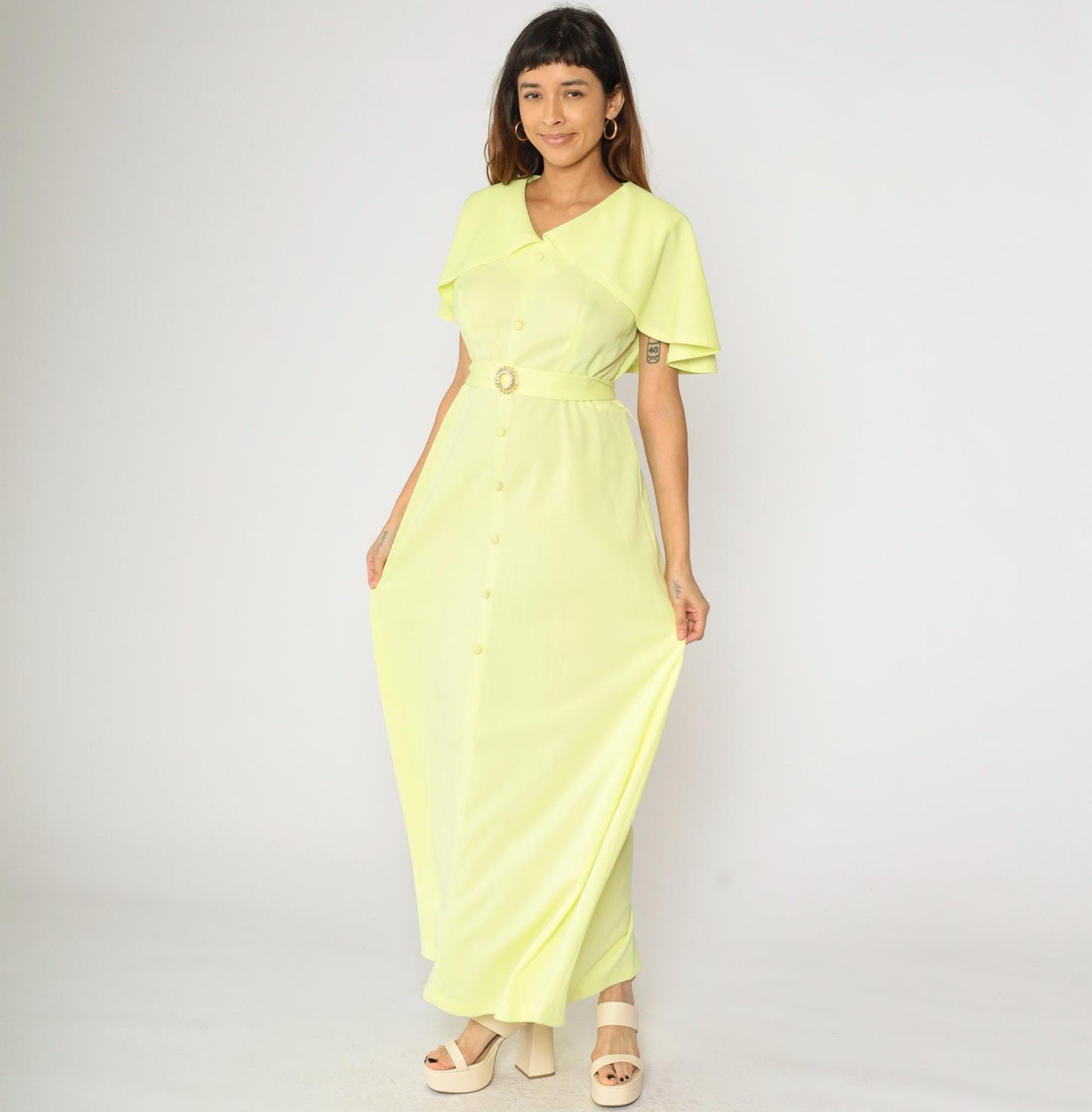 70s Yellow Maxi Dress Capelet Ruffle V-Neck Belted Pearl Buckle Large L