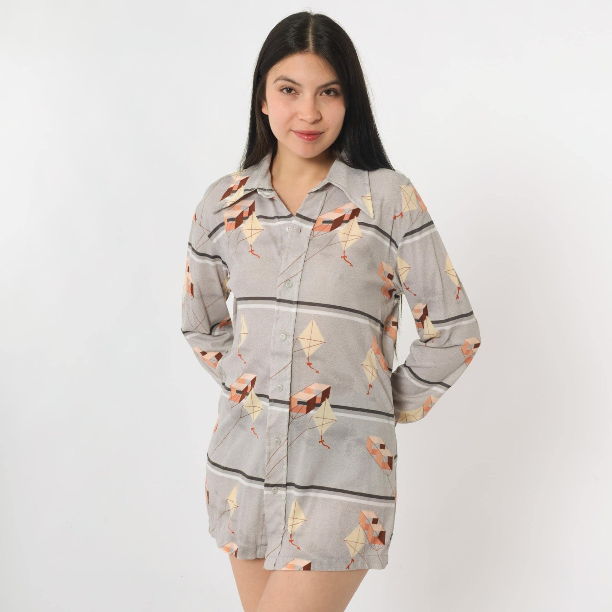 70s Huk-A-Poo Kite Print Button Up Shirt Grey Pointed Collar Medium
