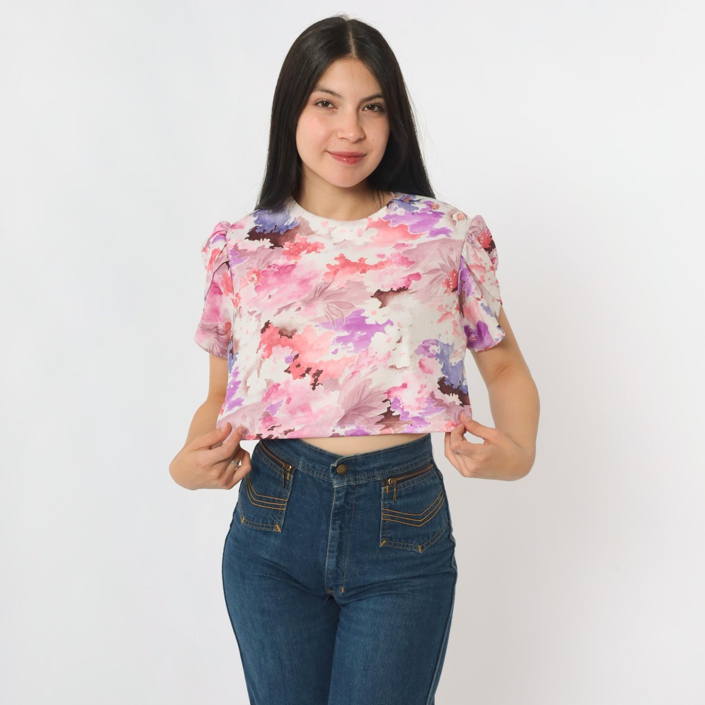 70s Floral Crop Top Puff Sleeve Blouse Pink Purple White Medium