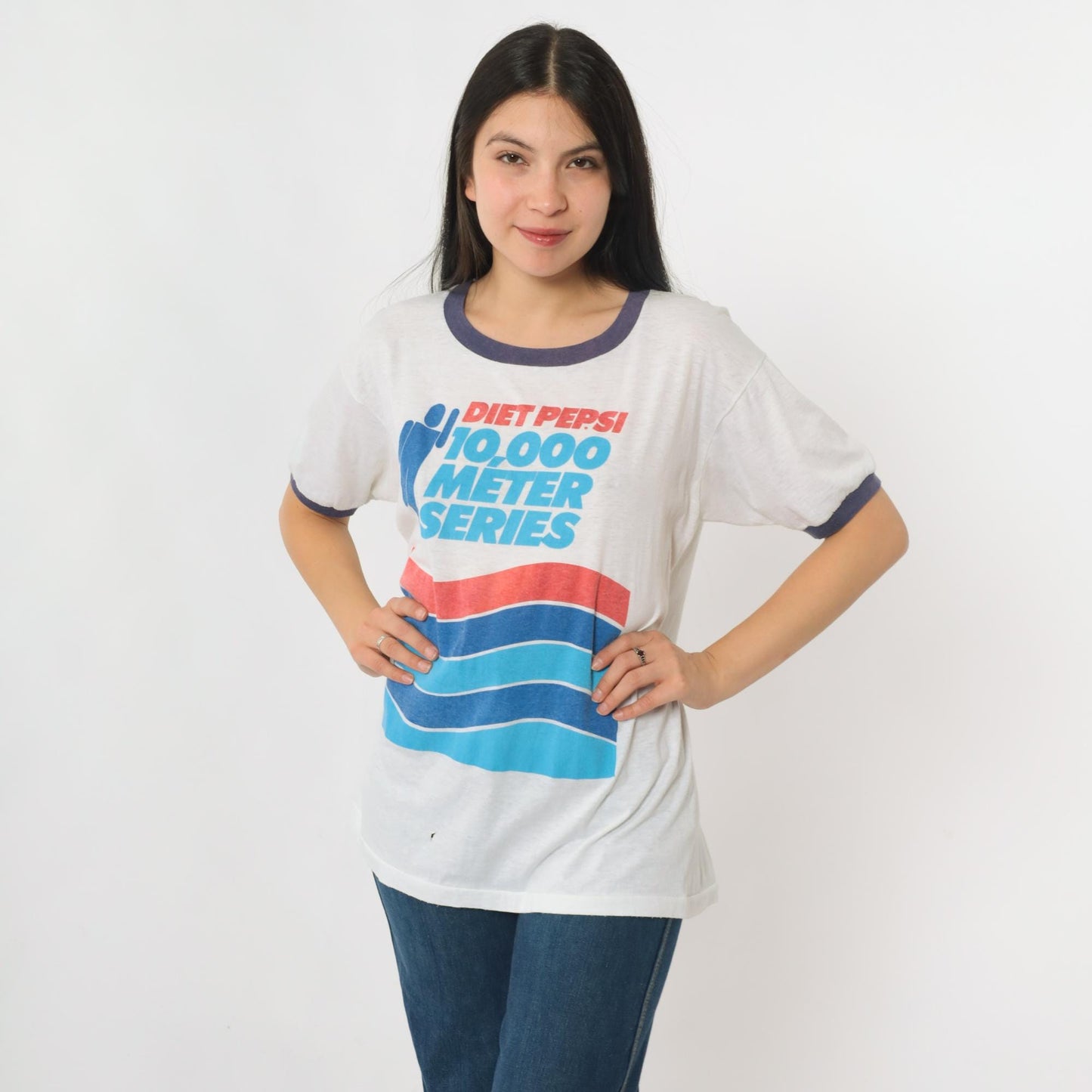 80s Diet Pepsi 10,000 Meter Series Ringer Tee Graphic Running Shirt Large L