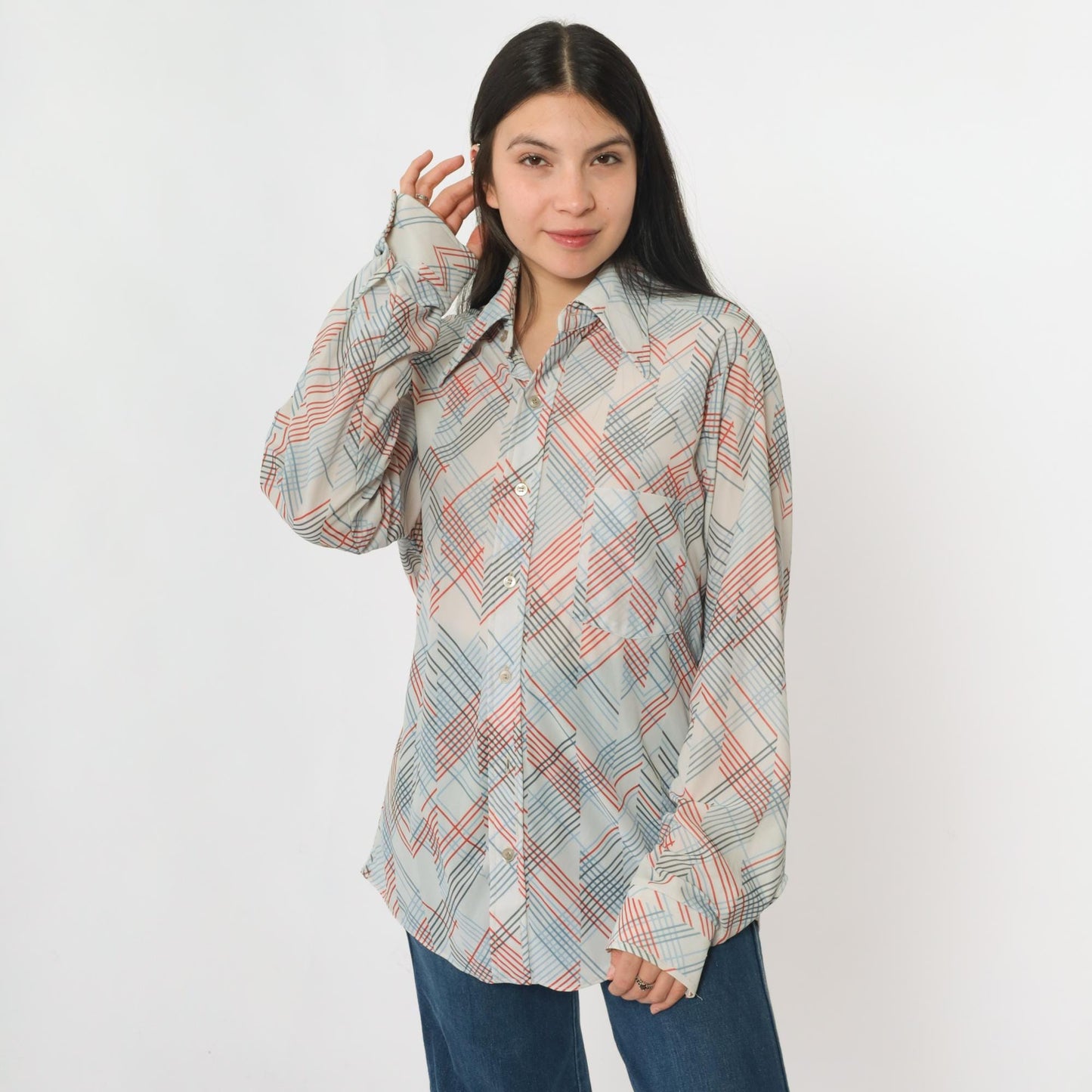 70s Sears Checkered Button-Up Shirt White Dagger Collar Long Sleeve Men's Medium M