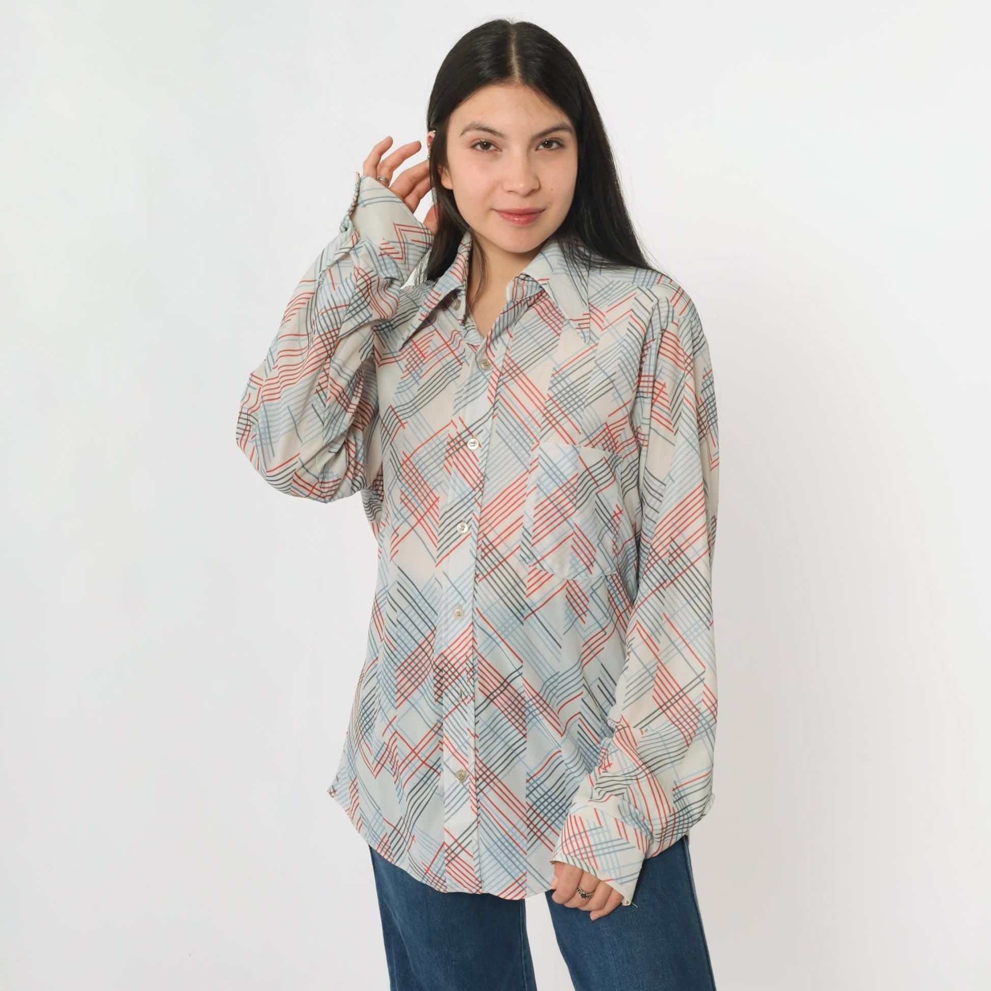 70s Sears Checkered Button-Up Shirt White Dagger Collar Long Sleeve Men's Medium M