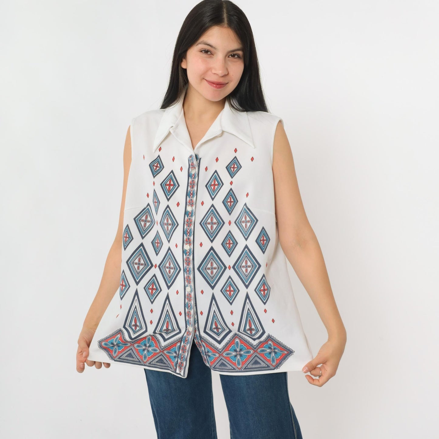 70s Geometric Diamond Print Sleeveless Blouse White Button-Up Collar Large L