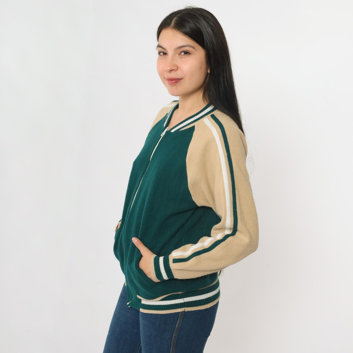 80s Plum Blossom Track Jacket Green Acrylic Knit Raglan Zip-Up Medium