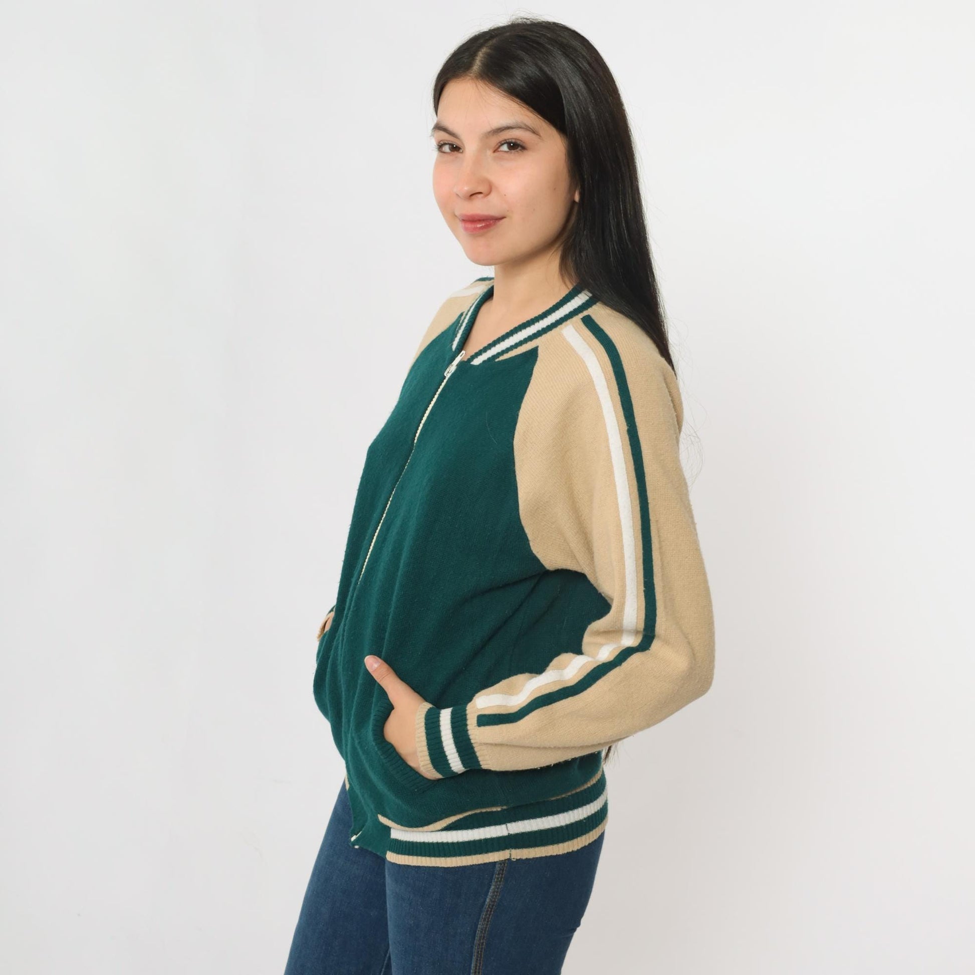 80s Plum Blossom Track Jacket Green Acrylic Knit Raglan Zip-Up Medium