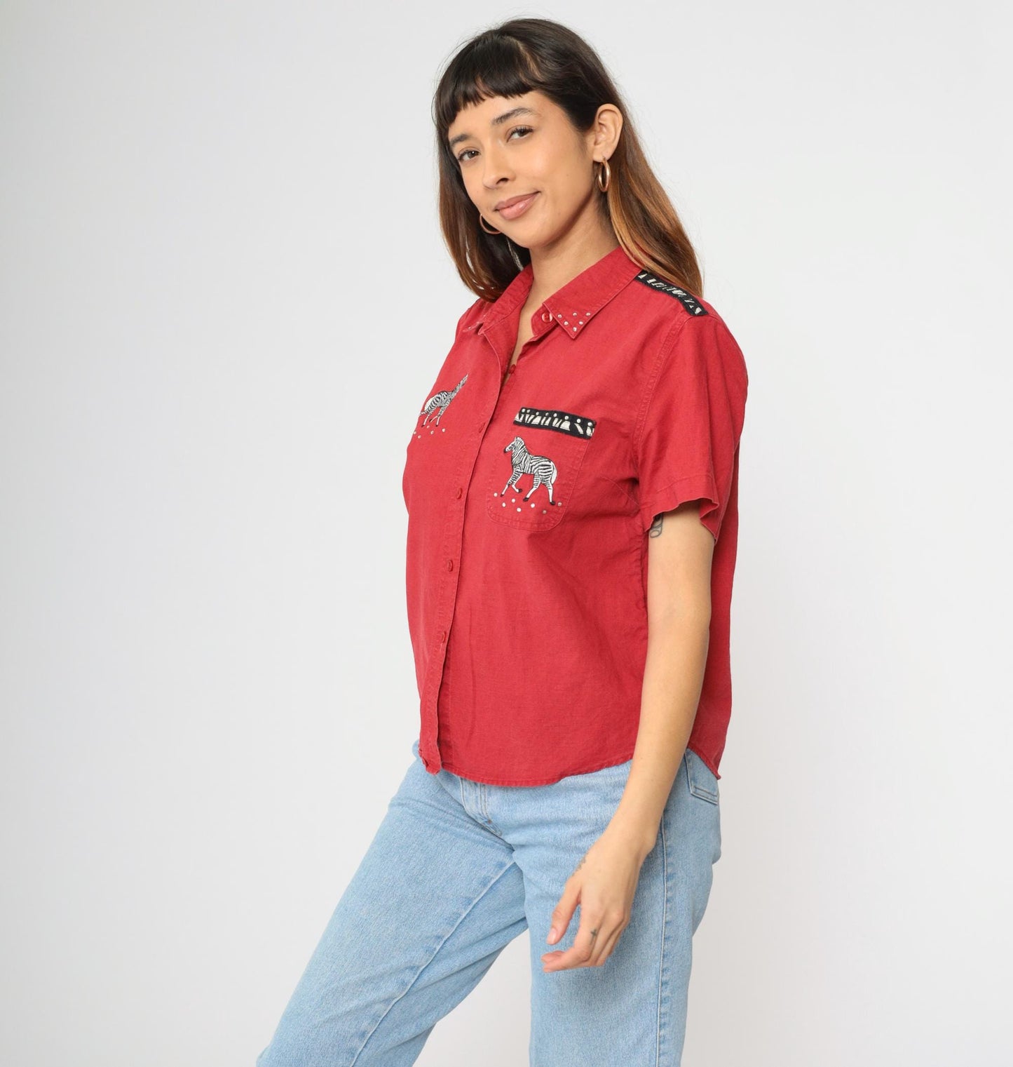 90s Cabin Creek Zebra Rhinestone Button-Up Blouse Red Linen Cotton Petite Large