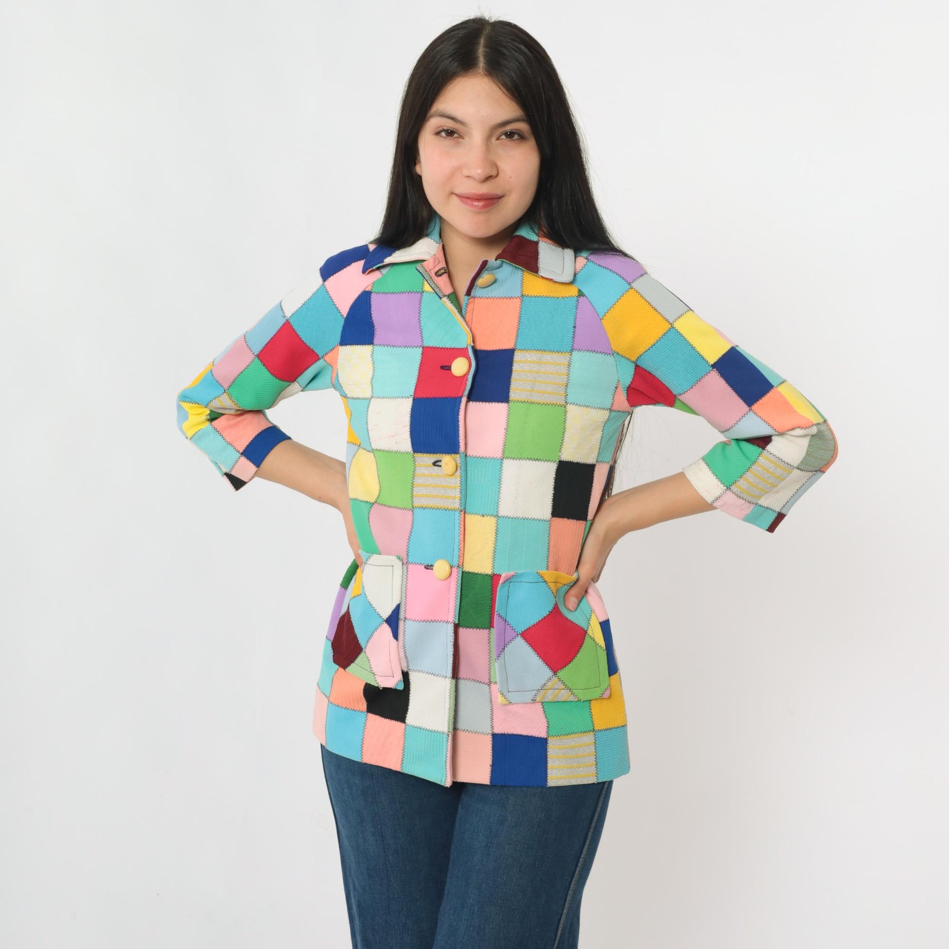 70s Patchwork Quilted Jacket Multicolor Square Block Notch Collar Extra Small