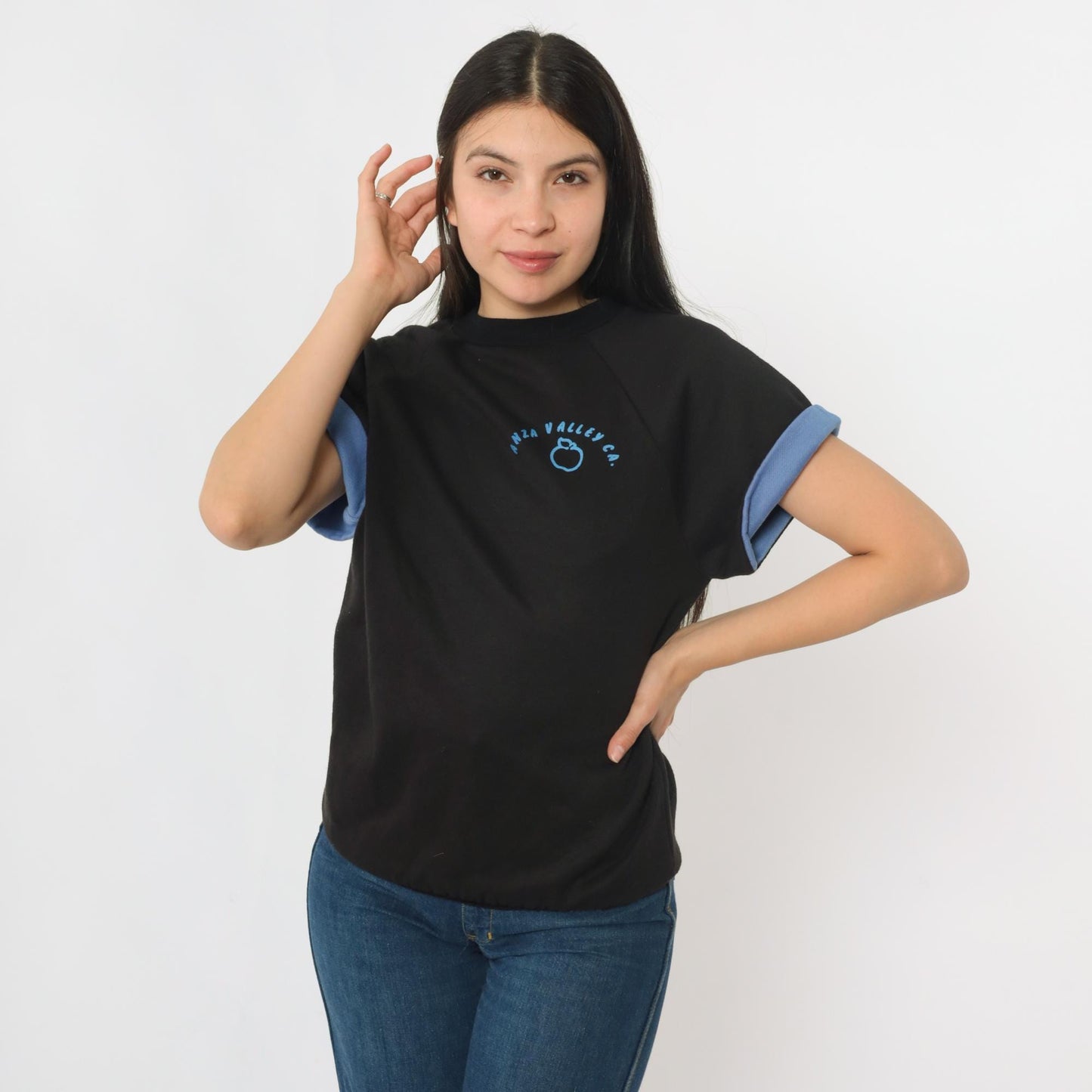 80s Anza Valley California Apple Graphic T-Shirt Black Cuffed Sleeve Small