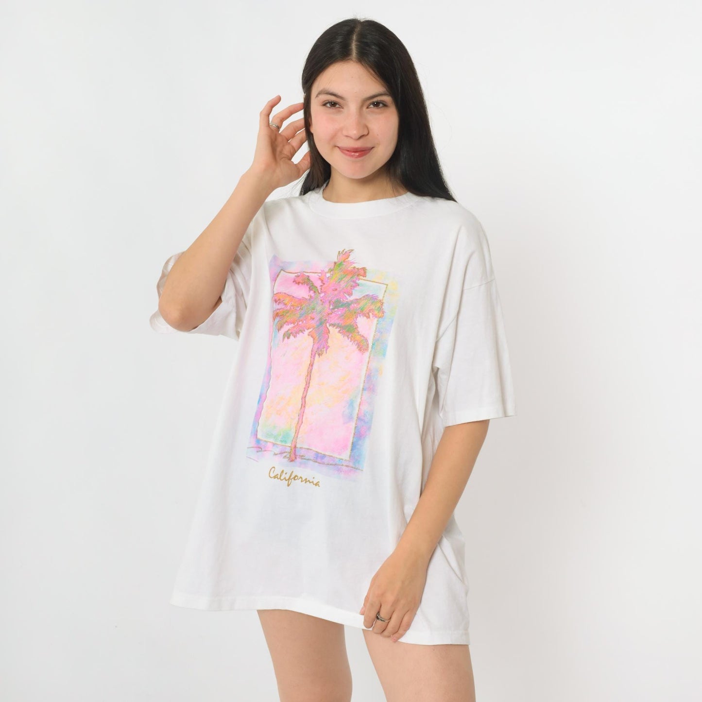 90s California Palm Trees Metallic Graphic T-Shirt White Gold Glitter Extra Large