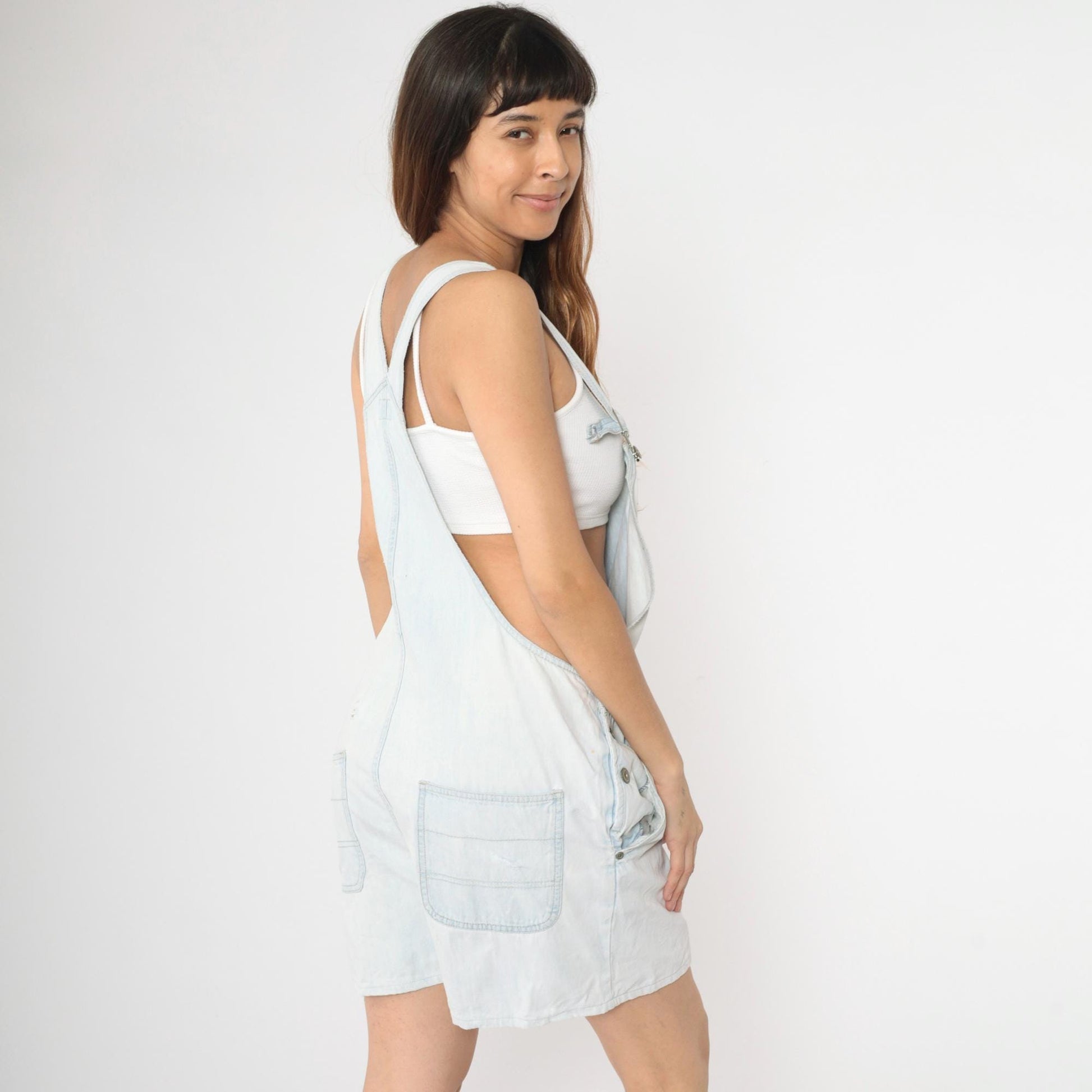 90s Bill Blass Light Wash Denim Shortalls Distressed Blue Jean Overalls Medium