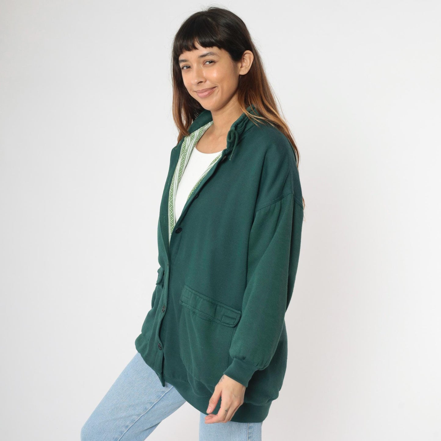 90s Gottschalks Green Cargo Pocket Sweatshirt Jacket Button Front Large L