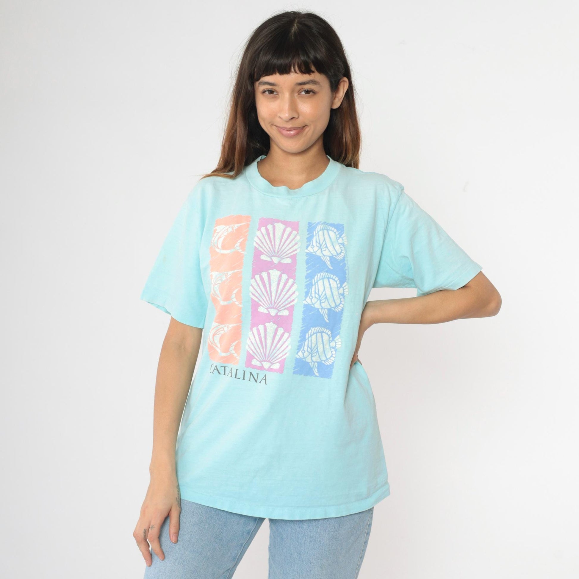 90s Catalina Island Swordfish Seashell Graphic T-Shirt Cotton Tee Medium
