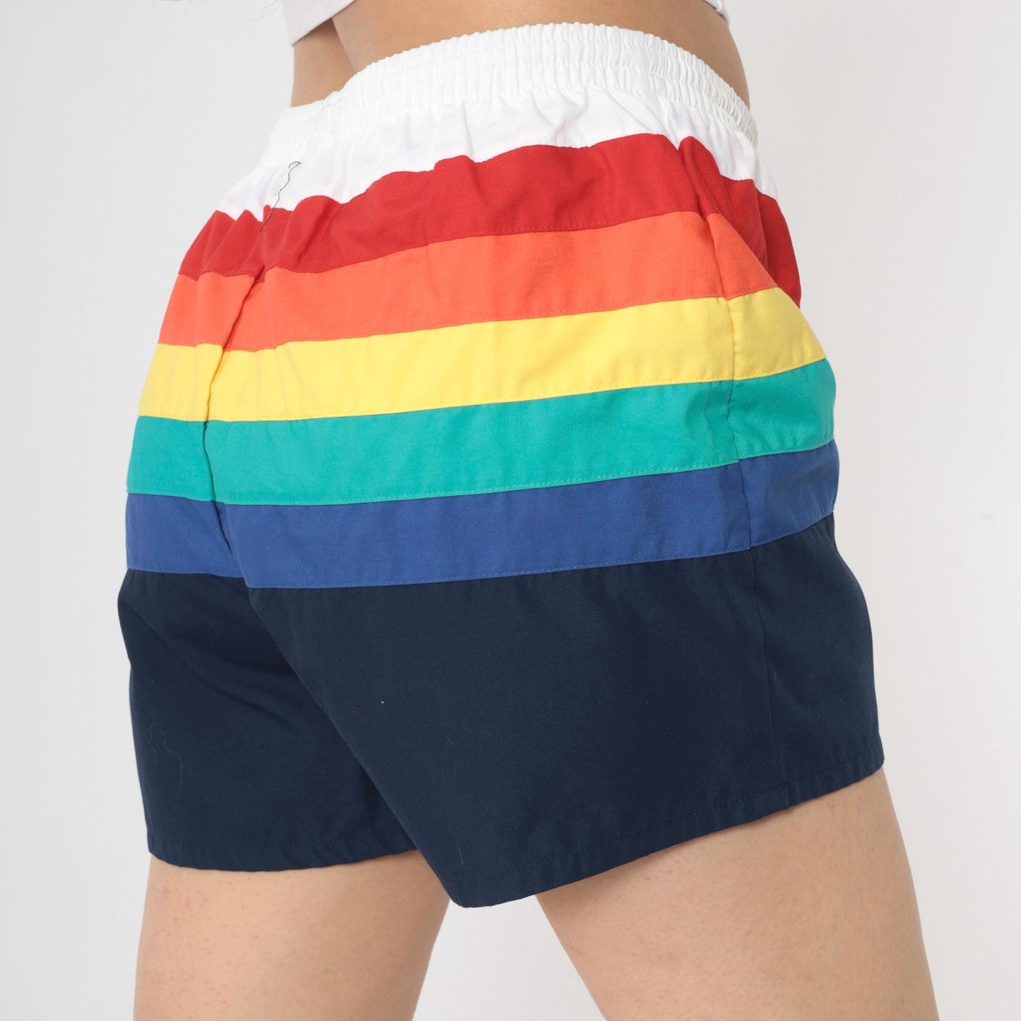 80s Catalina Rainbow Striped Swim Trunks White Colour Block Shorts Small