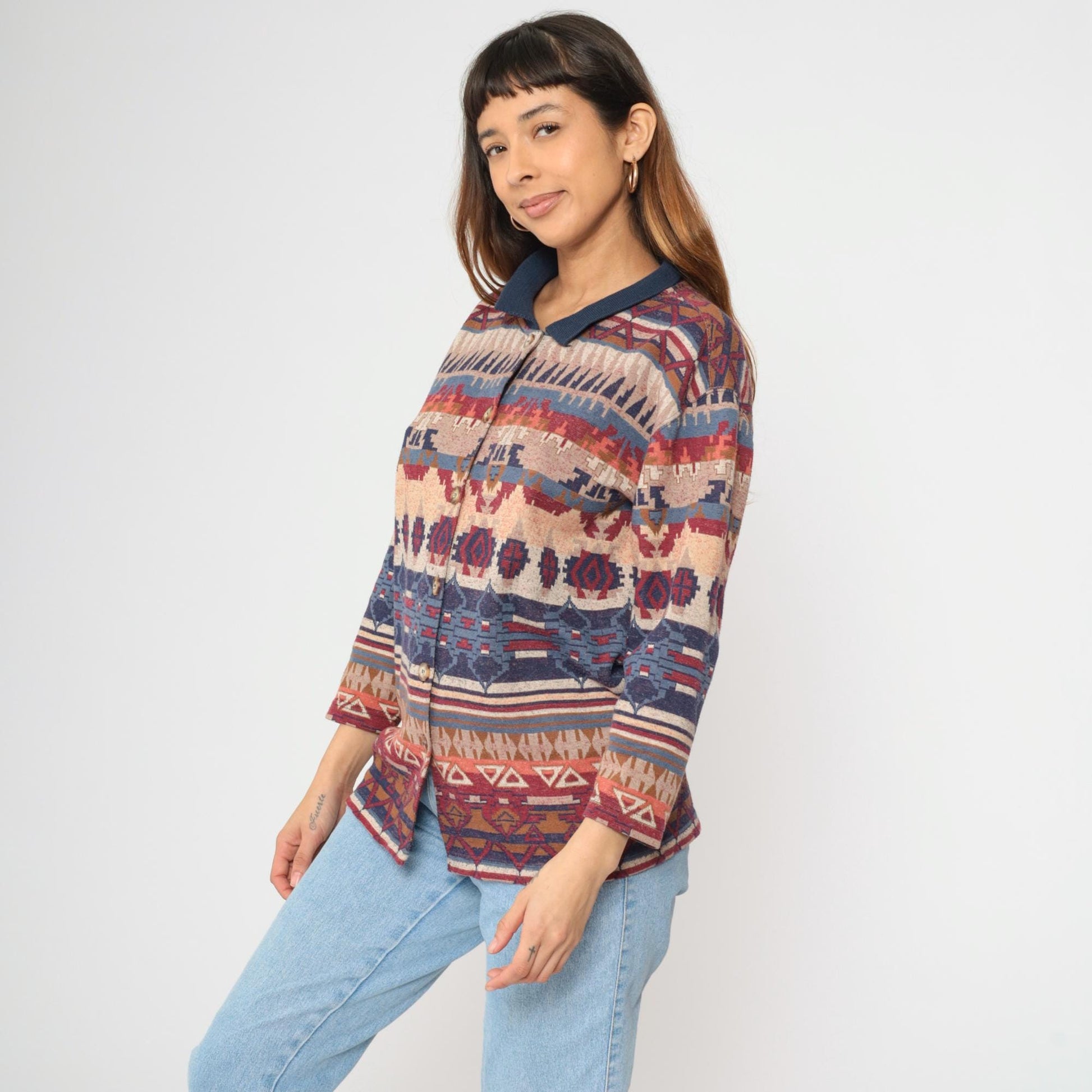 90s Southwestern Tapestry Button Up Blouse Navy Blue Red Long Sleeve Extra Small