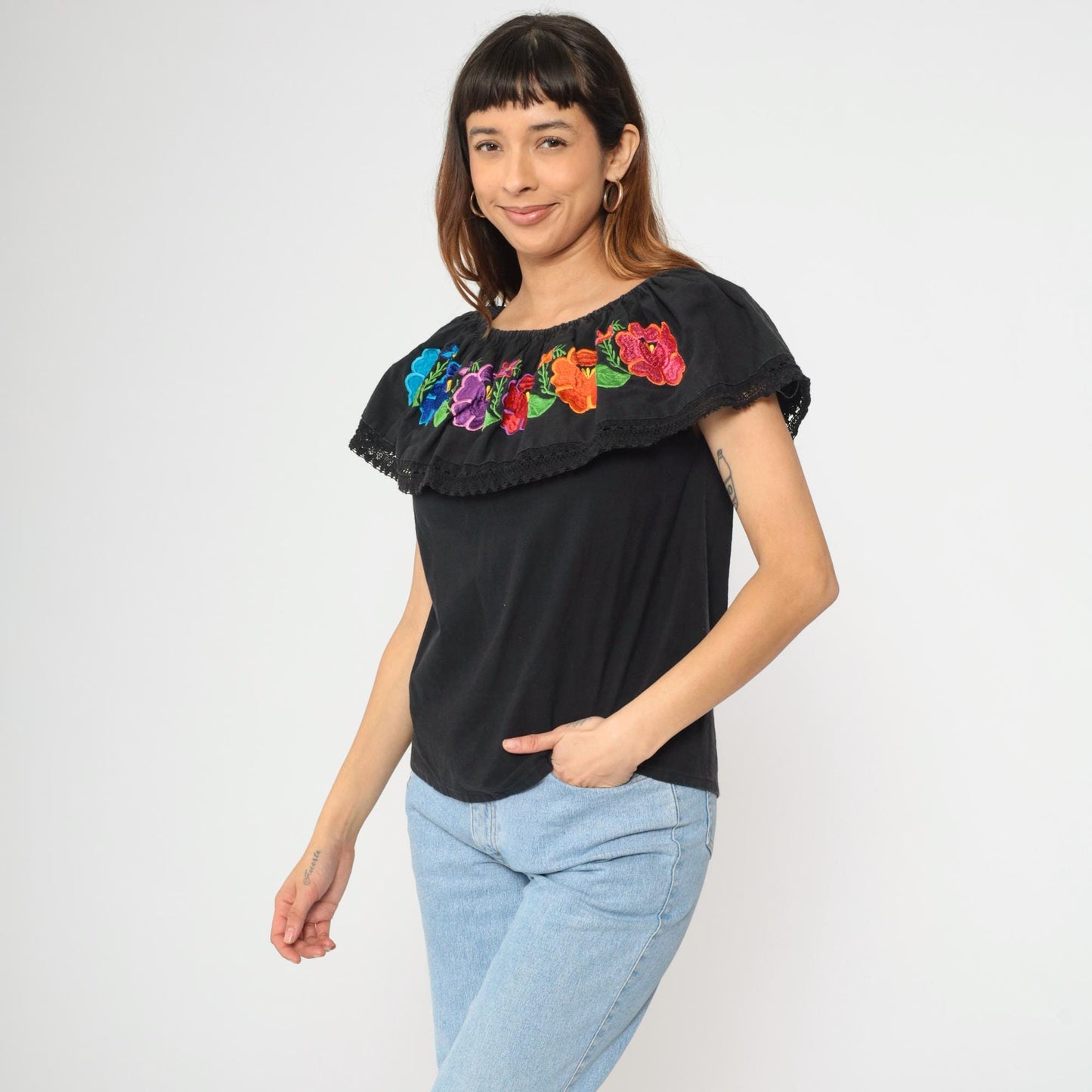 90s Mexican Floral Embroidered Blouse Black Off-Shoulder Crochet Peasant Small