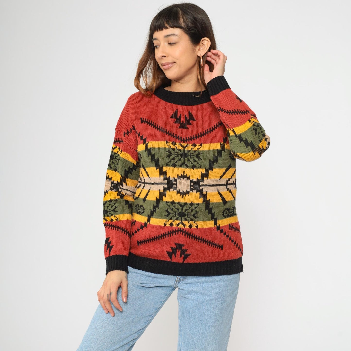 80s Southwestern Geometric Knit Sweater Red Black Ringer Crewneck Medium
