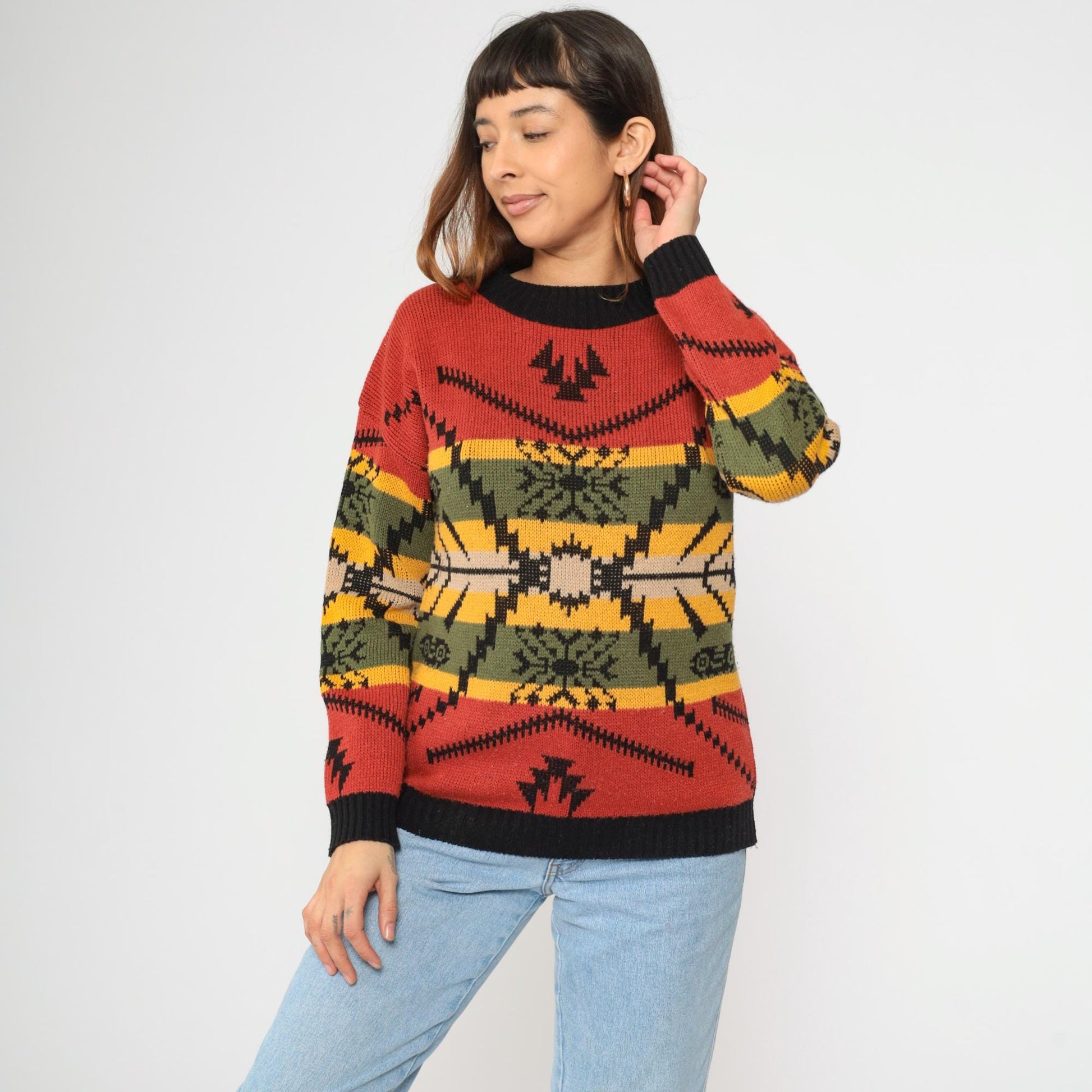 80s Southwestern Geometric Knit Sweater Red Black Ringer Crewneck Medium