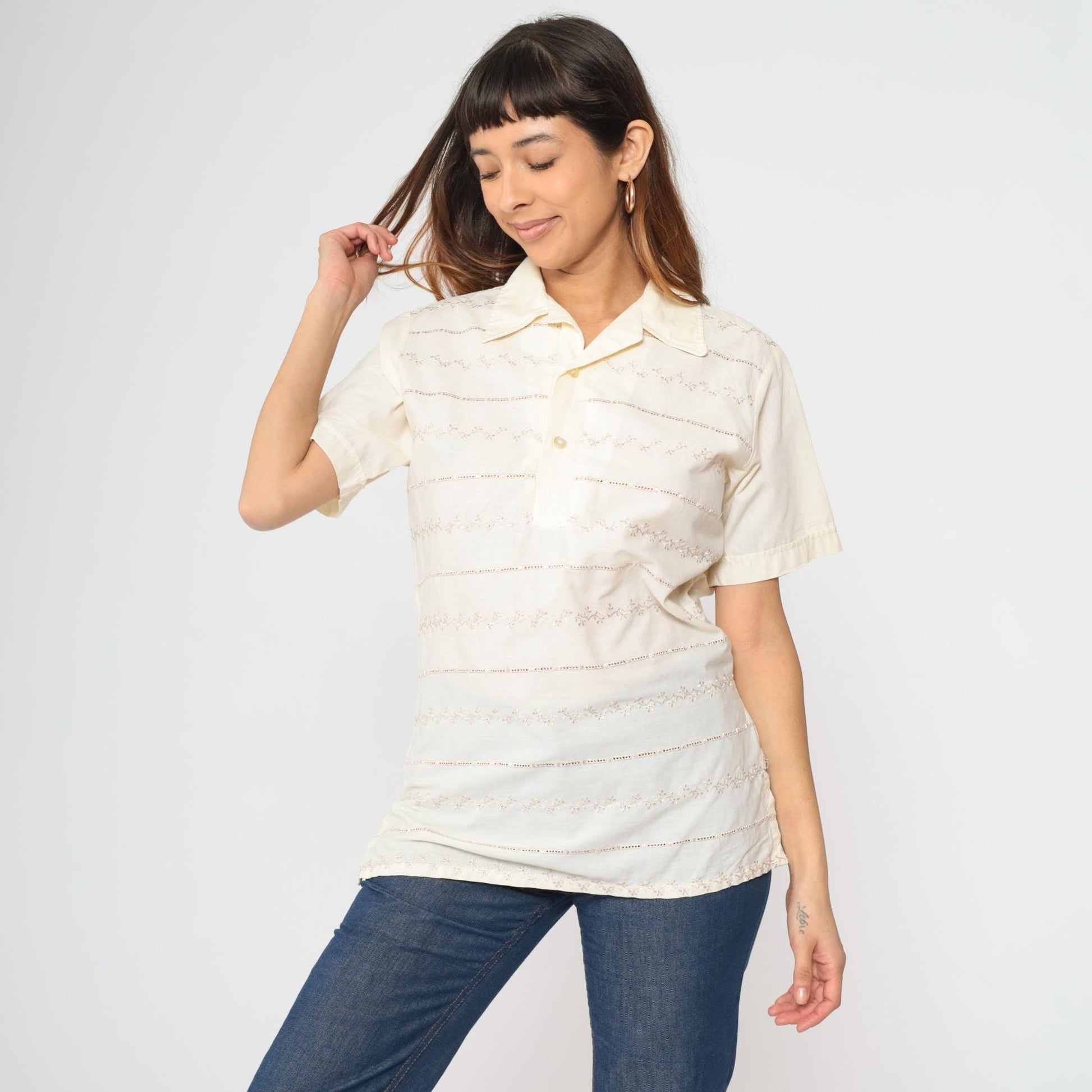70s Paul Howard California Eyelet Striped Polo Shirt Cream Medium M
