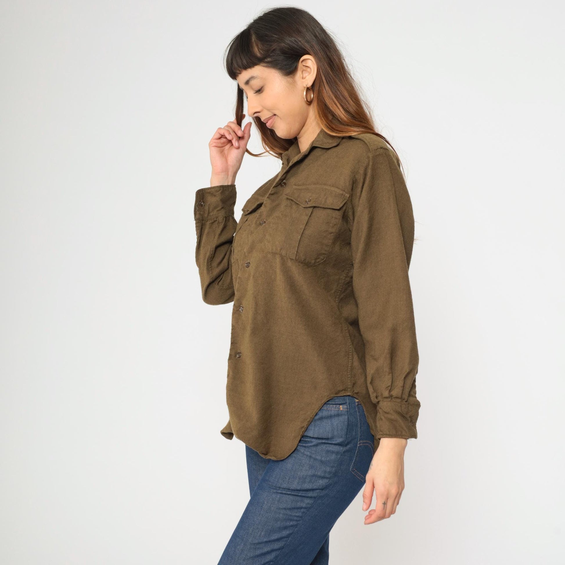 80s Olive Brown Wool Military Shirt Button Up Epaulettes Utility Pockets Small