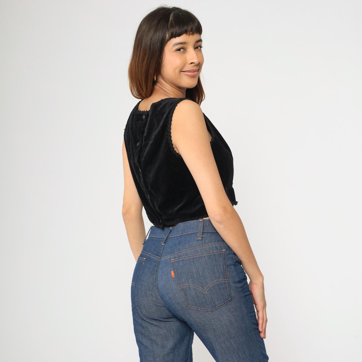 60s Black Velvet Crop Top Sleeveless Button-Back Blouse Small