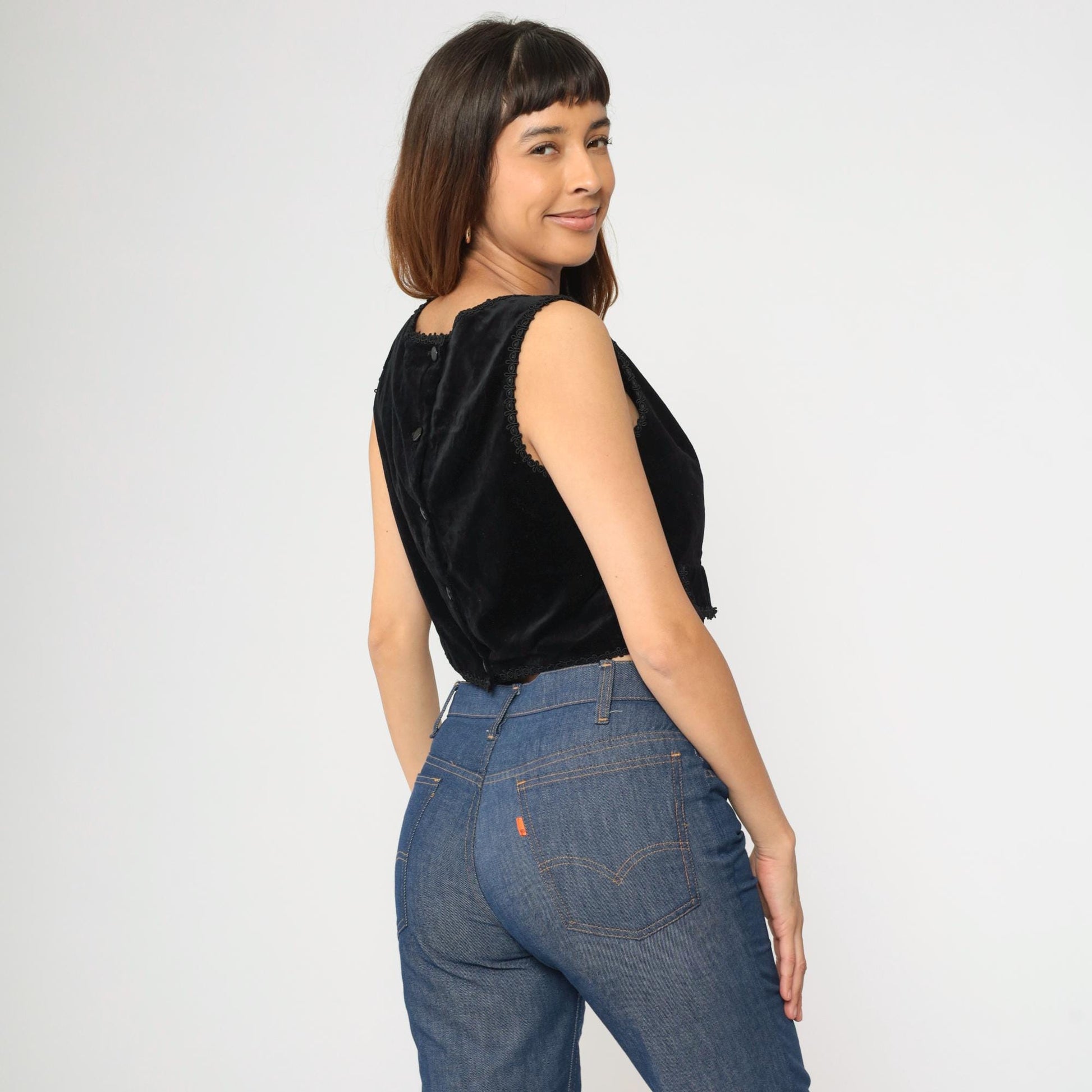 60s Black Velvet Crop Top Sleeveless Button-Back Blouse Small
