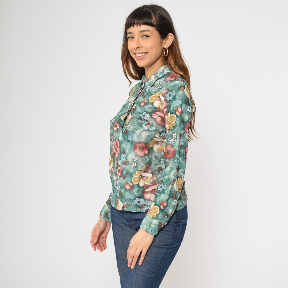 70s Green Floral Button-Up Blouse Long Sleeve Pointed Collar Medium