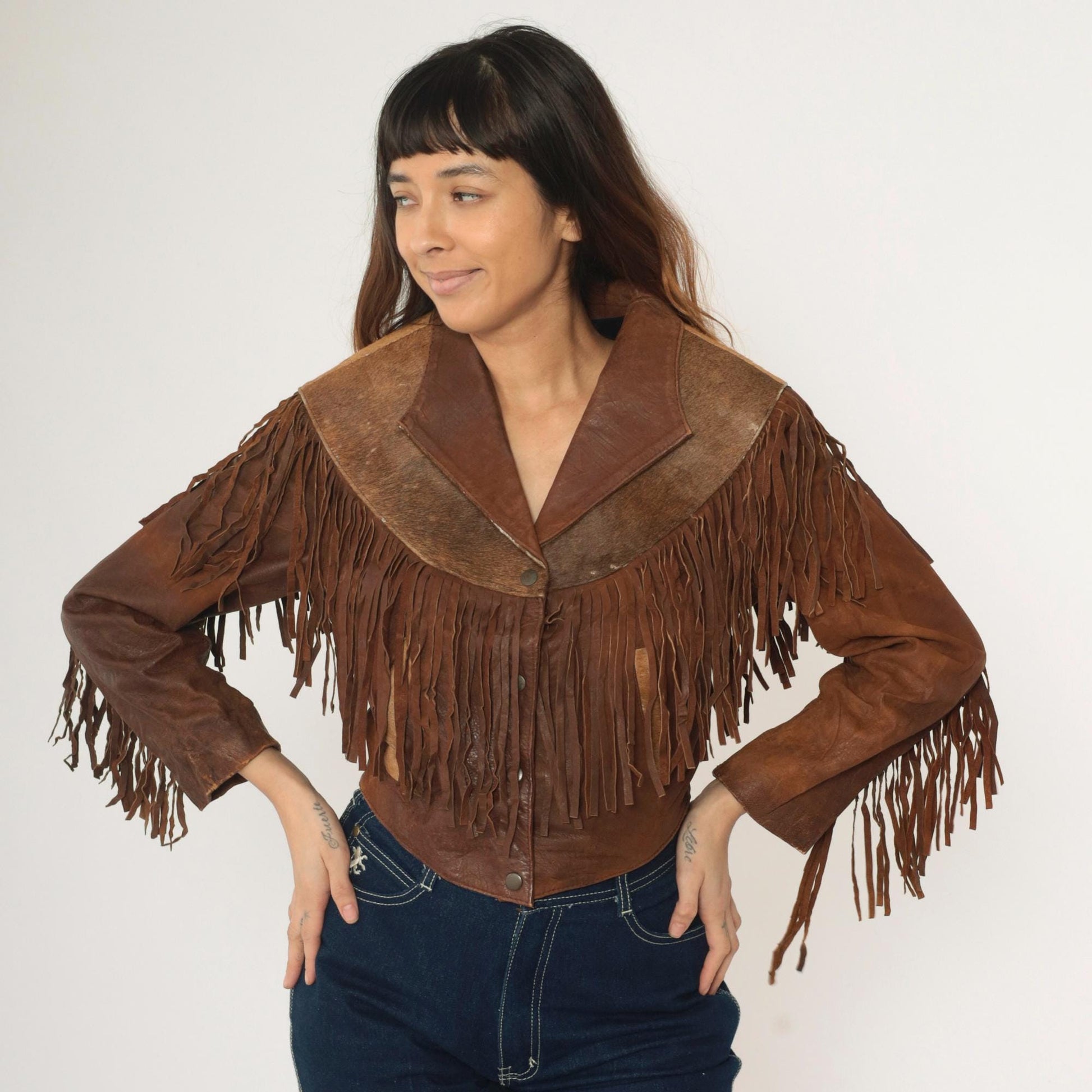 1970s Leather Fringe Jacket Brown Cowhide Eagle Yoke Western Snap Extra Small