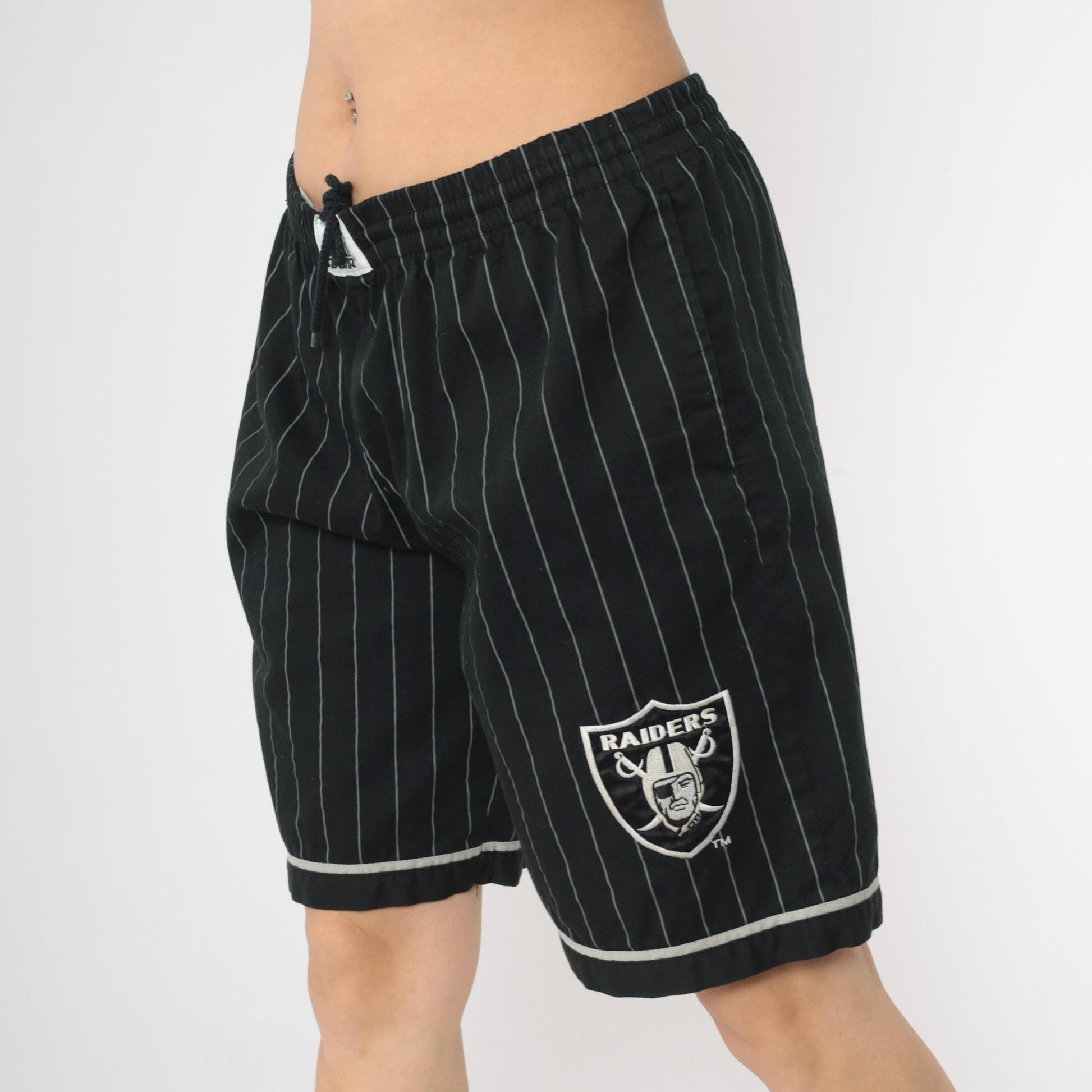 90s Starter Raiders NFL Shorts Black Pinstriped Elastic Waist Large