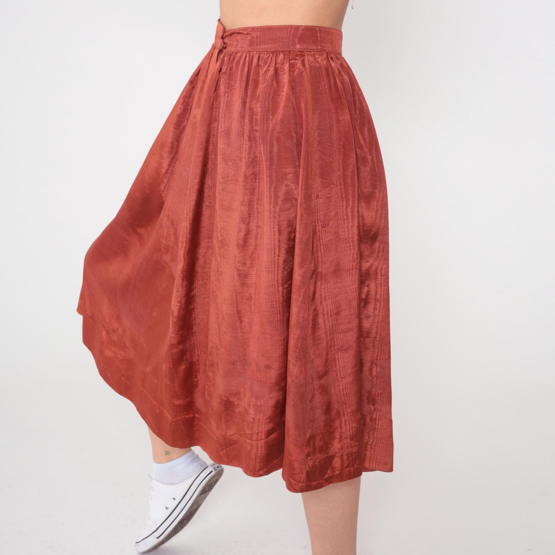 80s Rust Orange Midi Skirt High Waist Pleated Full A-Line Extra Small