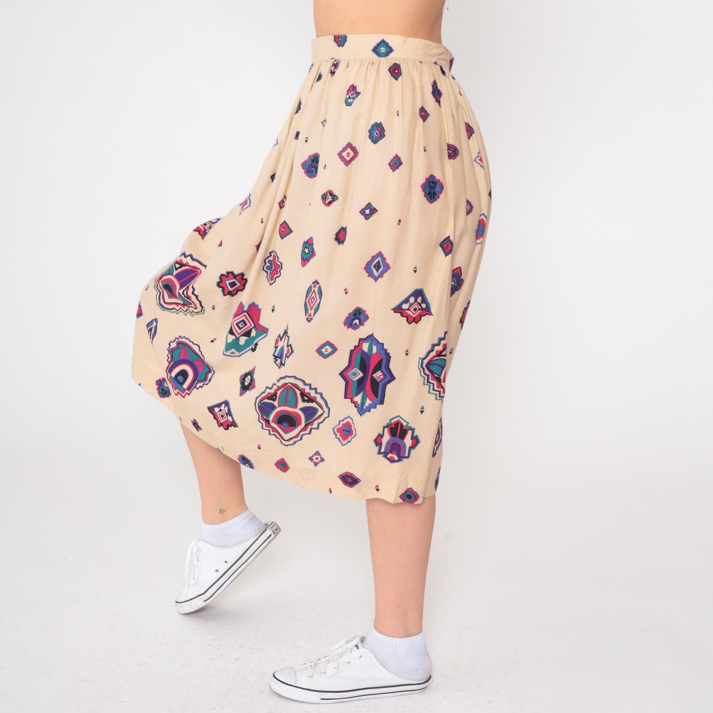 80s Panther Southwestern Midi Skirt Cream Geometric High Waist Small