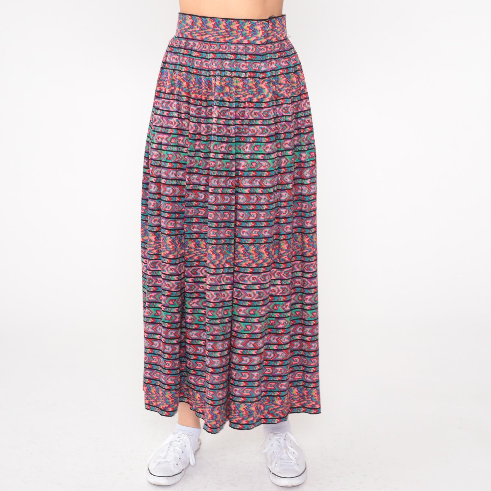 80s Oscar de la Renta Silk Midi Skirt Geometric Print Multicolor High Waist Extra Small