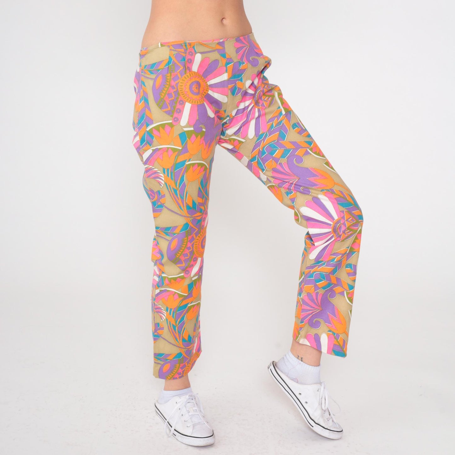 60s Psychedelic Floral Flare Pants Mid Rise Side Zip Medium