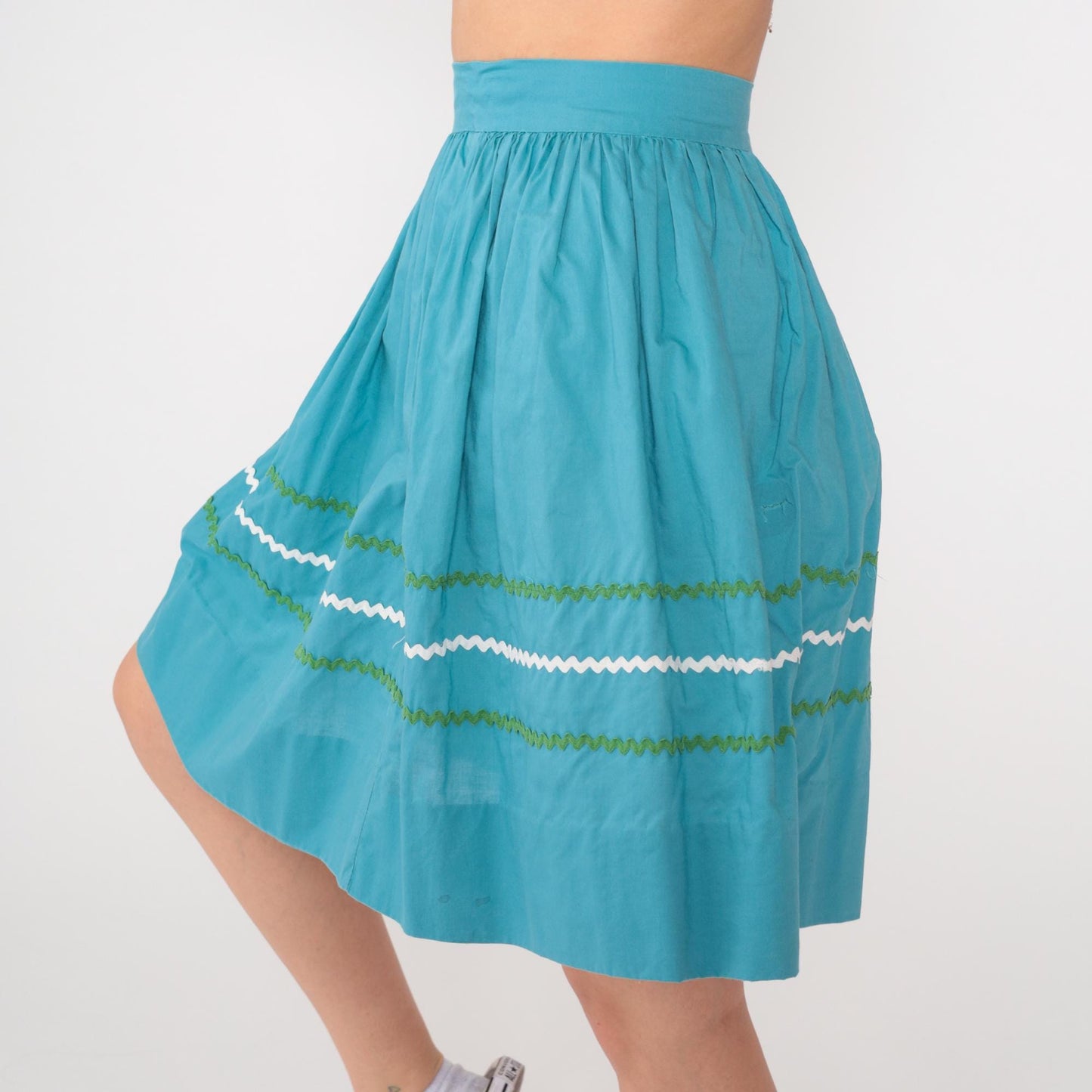 1950s Turquoise High-Waist Mini Skirt Rickrack Trim Full Circle XXS