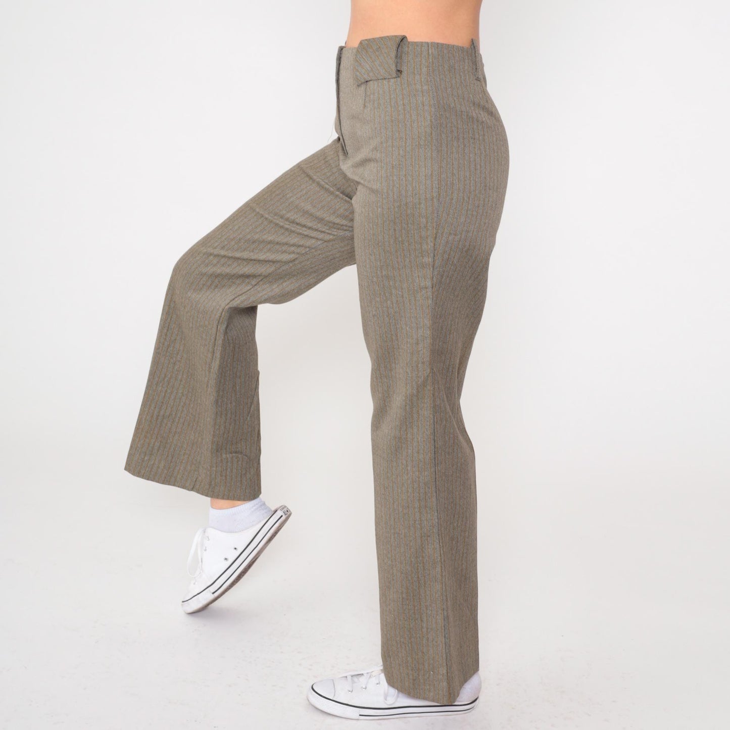 70s Grey Herringbone Pinstriped High-Rise Flare Pants Small
