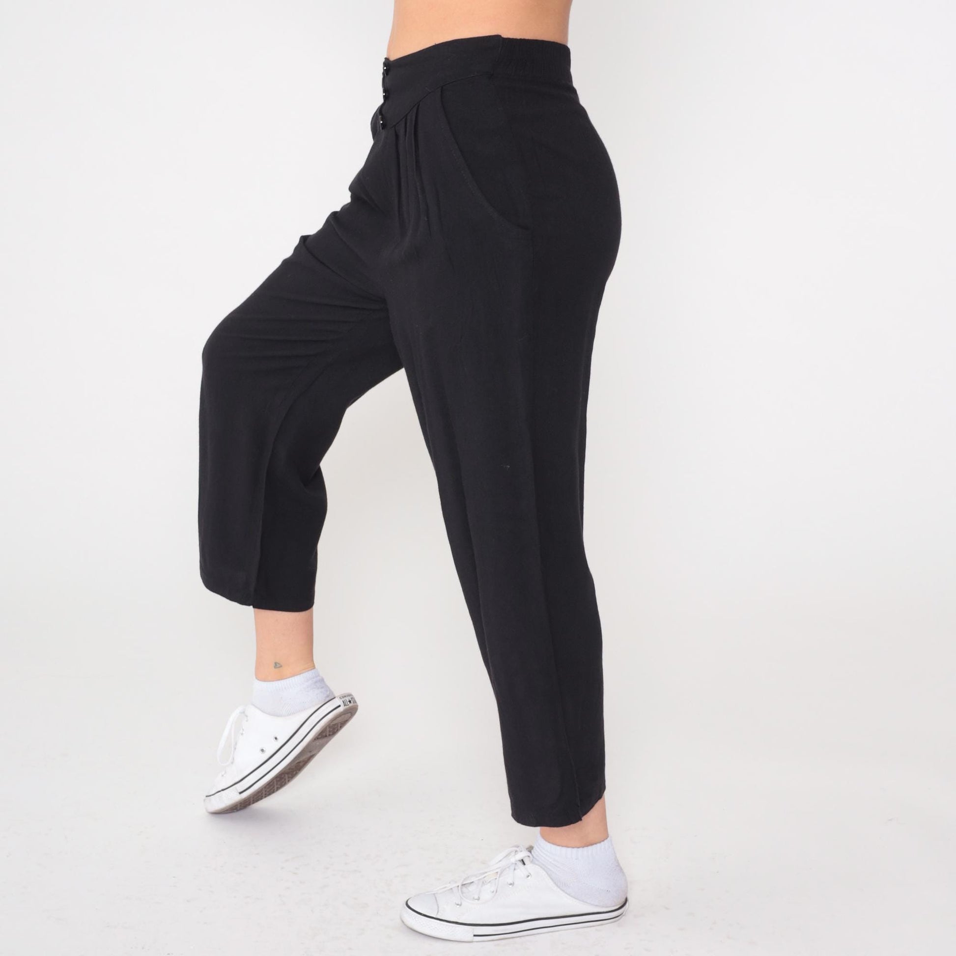 80s New Focus Black Pleated High-Waist Trousers Cropped Ankle XS