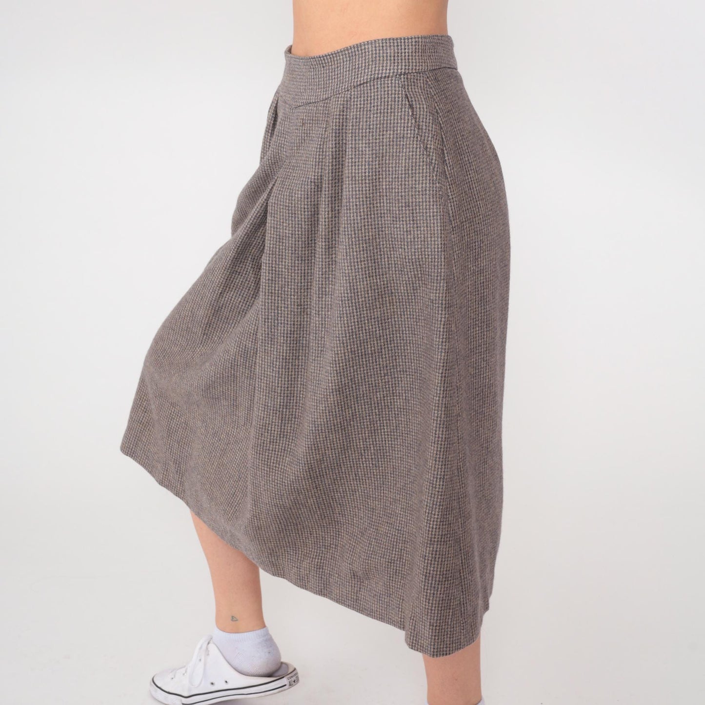 80s Clichy Wool Blend Checkered Midi Skirt Grey High Waisted Pleated Small