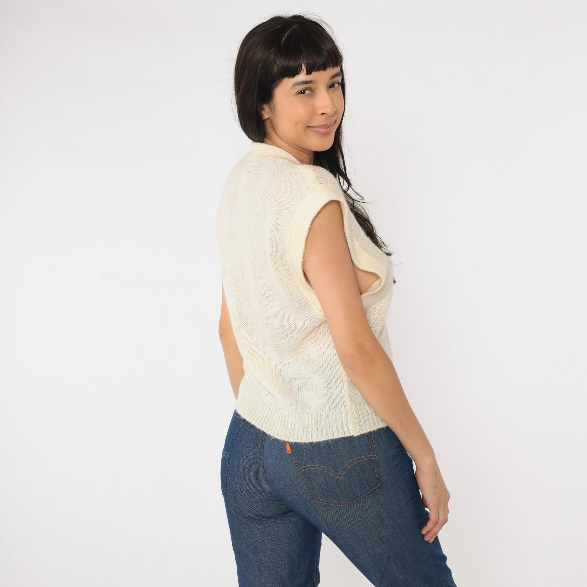80s Cream Sheer Knit Vest Button-Up Sweater Cap Sleeve Small