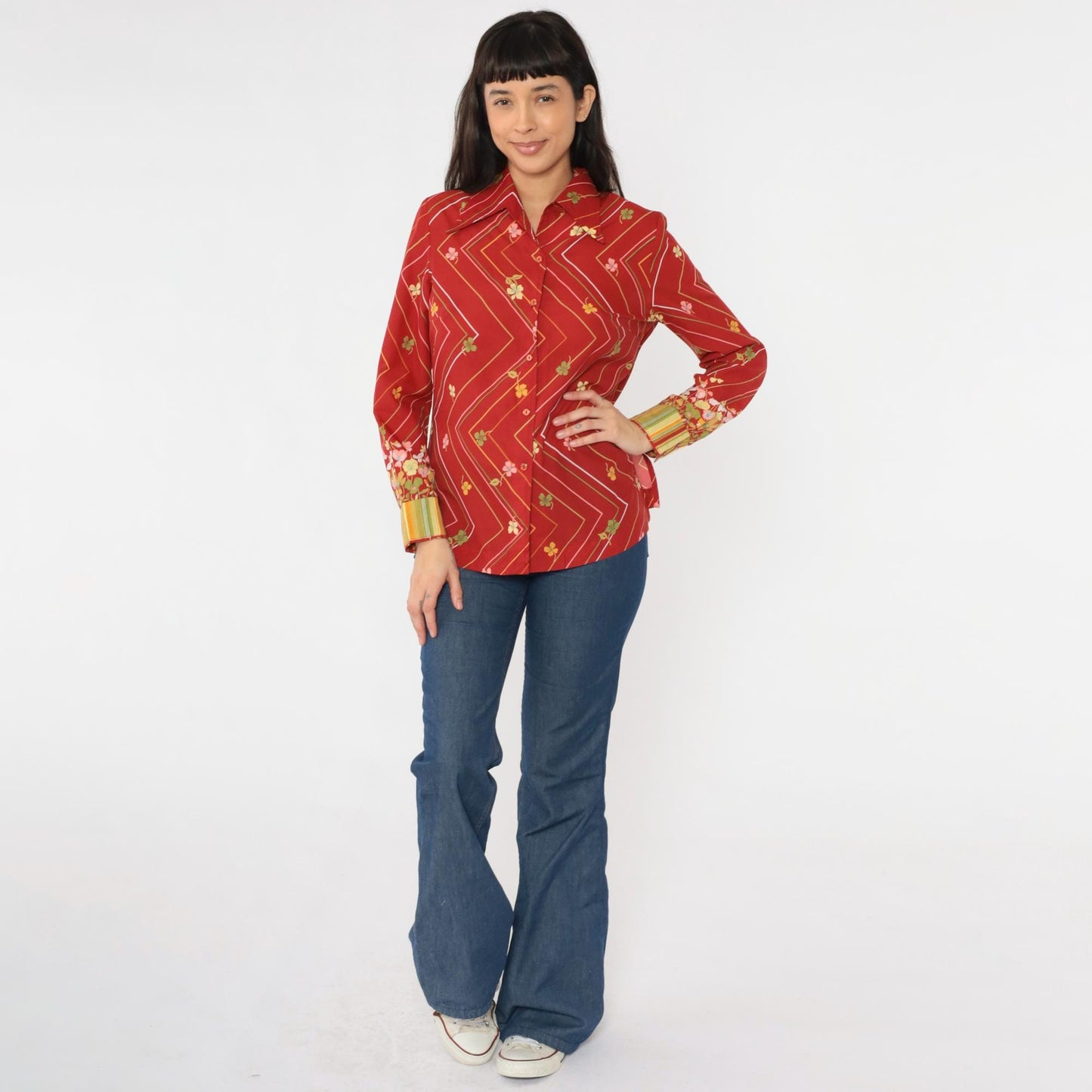 70s Striped Floral Button Up Blouse Red Zig Zag Long Sleeve Medium